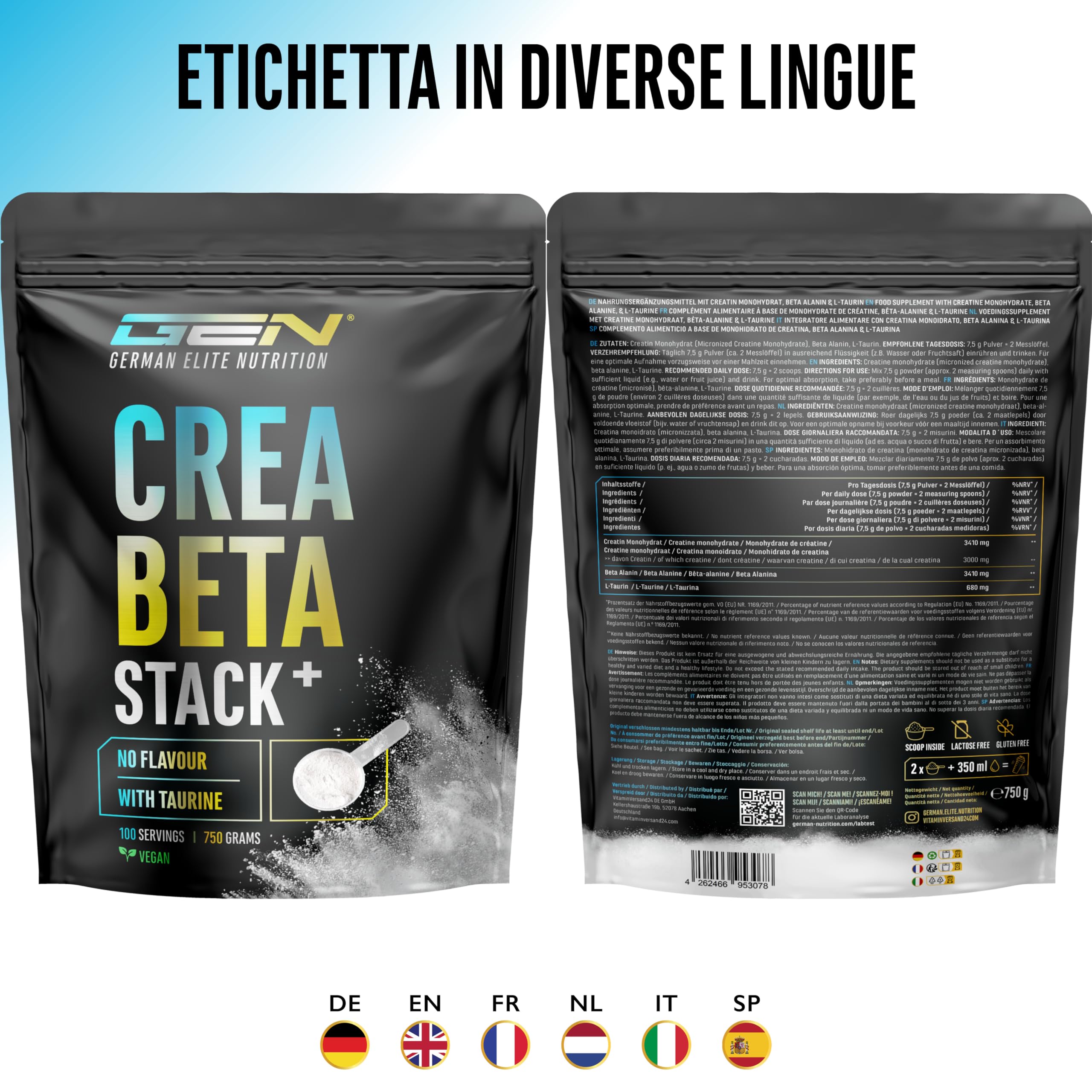Creatin Beta Alanin Stack - 750 g polvere - creatina monoidrato + beta alanina + L-taurina - creatina micronizzata di alta qualità - dosaggio ottimale, vegano