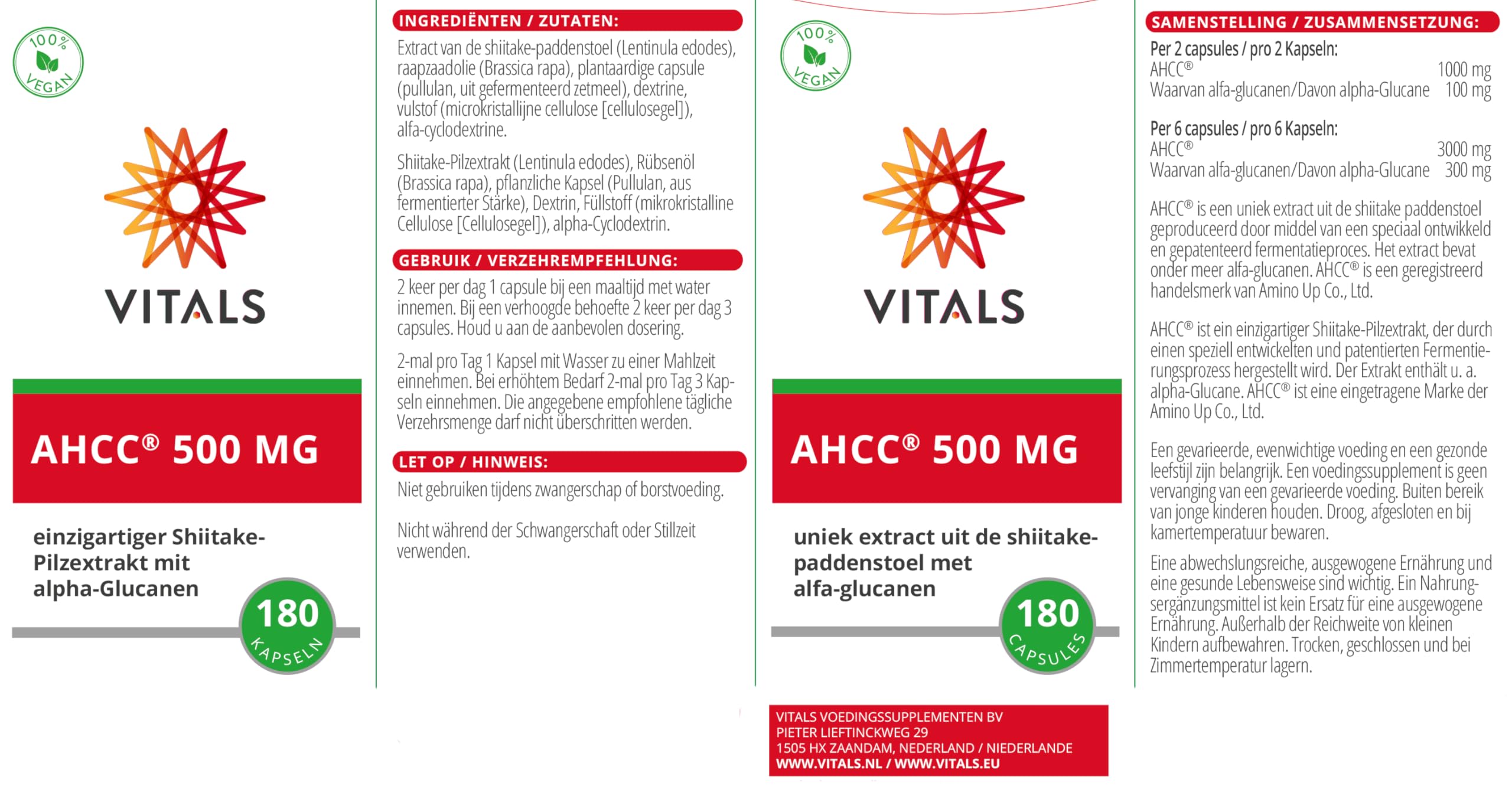 Vitals - AHCC 500 mg, 180 Kapseln, mit Alpha-Glucanen. 100% Vegan. Originalprodukt von den ursprünglichen Entdeckern