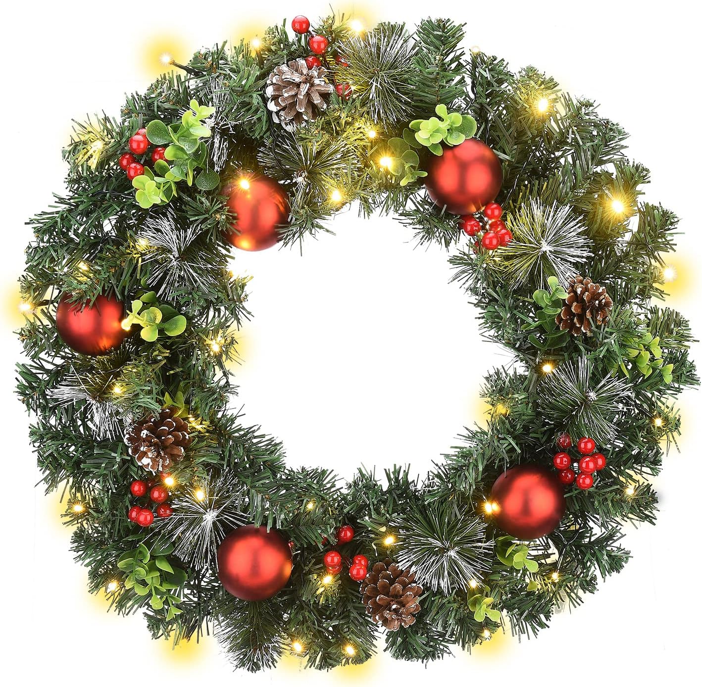 LED Prelit Christmas Wreaths for Front Door, Lighted Christmas Wreath