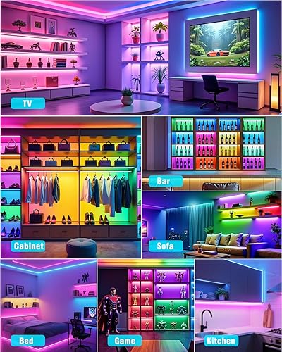 Miniatura 9 de Tiras de luz LED para armarios, tiras de luz trasera de TV para estantes con control remoto, 210 modos, aplicación para TV, dormitorio, hogar,