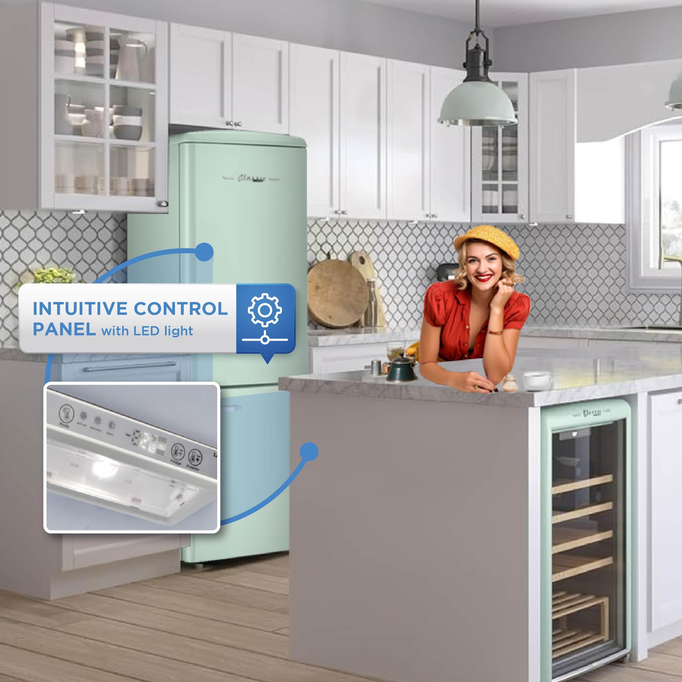 Unique Appliances Classic Retro Refrigerator, Electric Bottom-Mount Fridge With Intuitive Control Panel, 4 Glass Shelves, And 3 Freezer Drawers, Frost-Free, 12 Cu./Ft., Summer Mint Green on Fridge.com - View 4