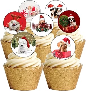 24 Precut Cute Dog and Puppy Christmas Themed Edible Wafer Paper Cupcake Cake Toppers Decorations