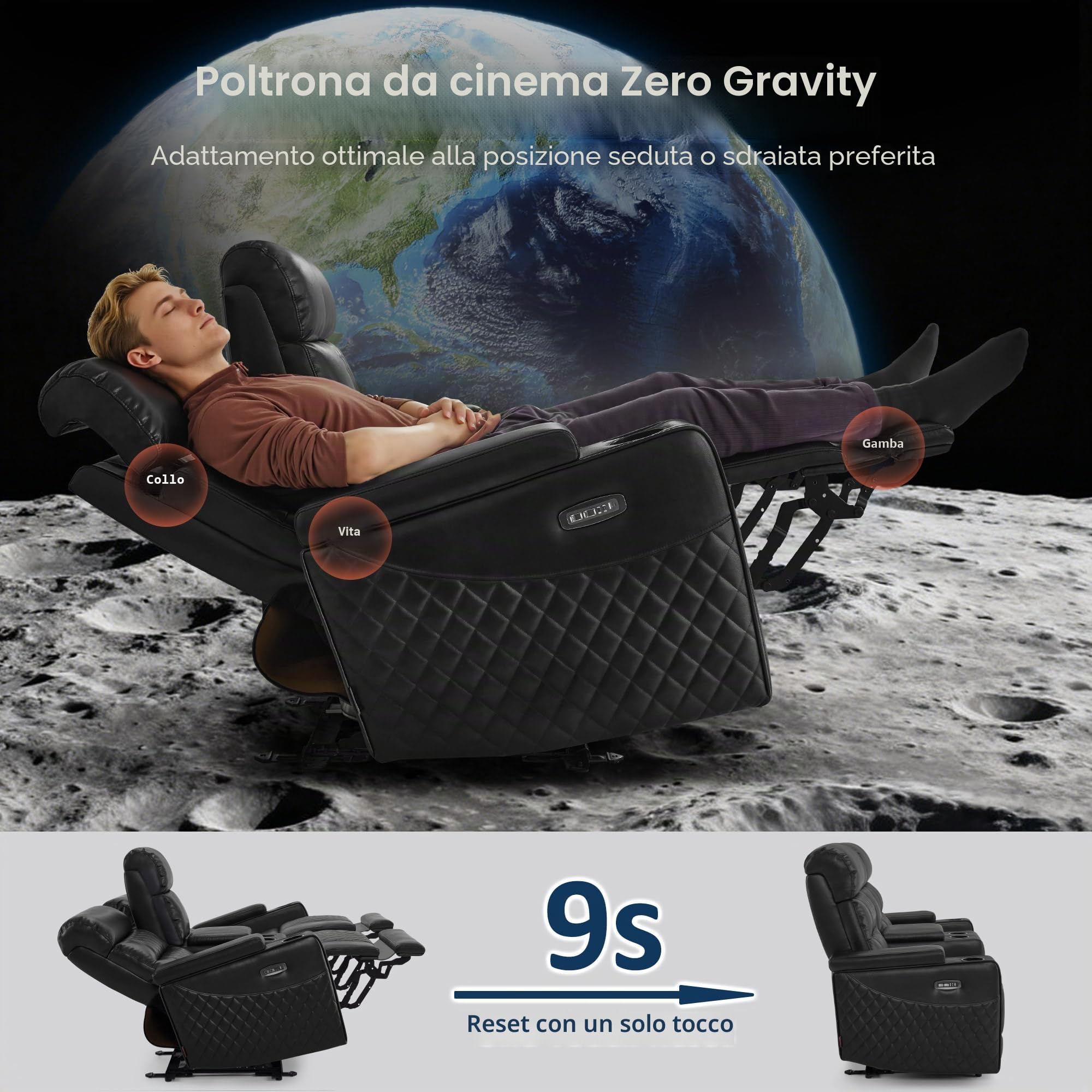 MCombo M Poltrona da cinema, regolabile elettricamente, Zero-Gravity, poggiatesta regolabile, divano con funzione letto, cuscino di seduta in schiuma piena 35D 7705 (2 posti con console)