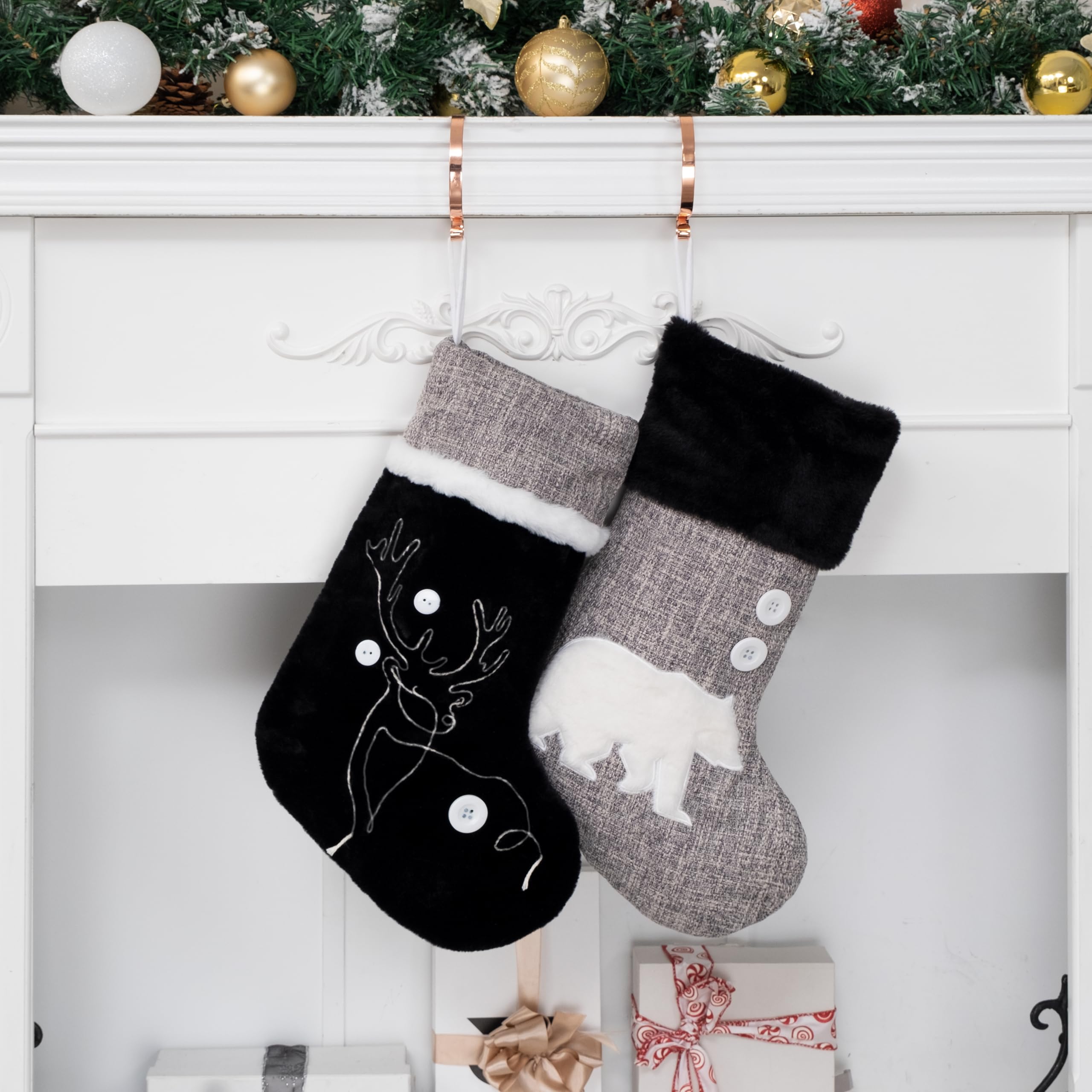 BHD BEAUTY White and Black Embroidery Christmas Stockings Set 2 Xmas Stockings Decoration with Pattern 20