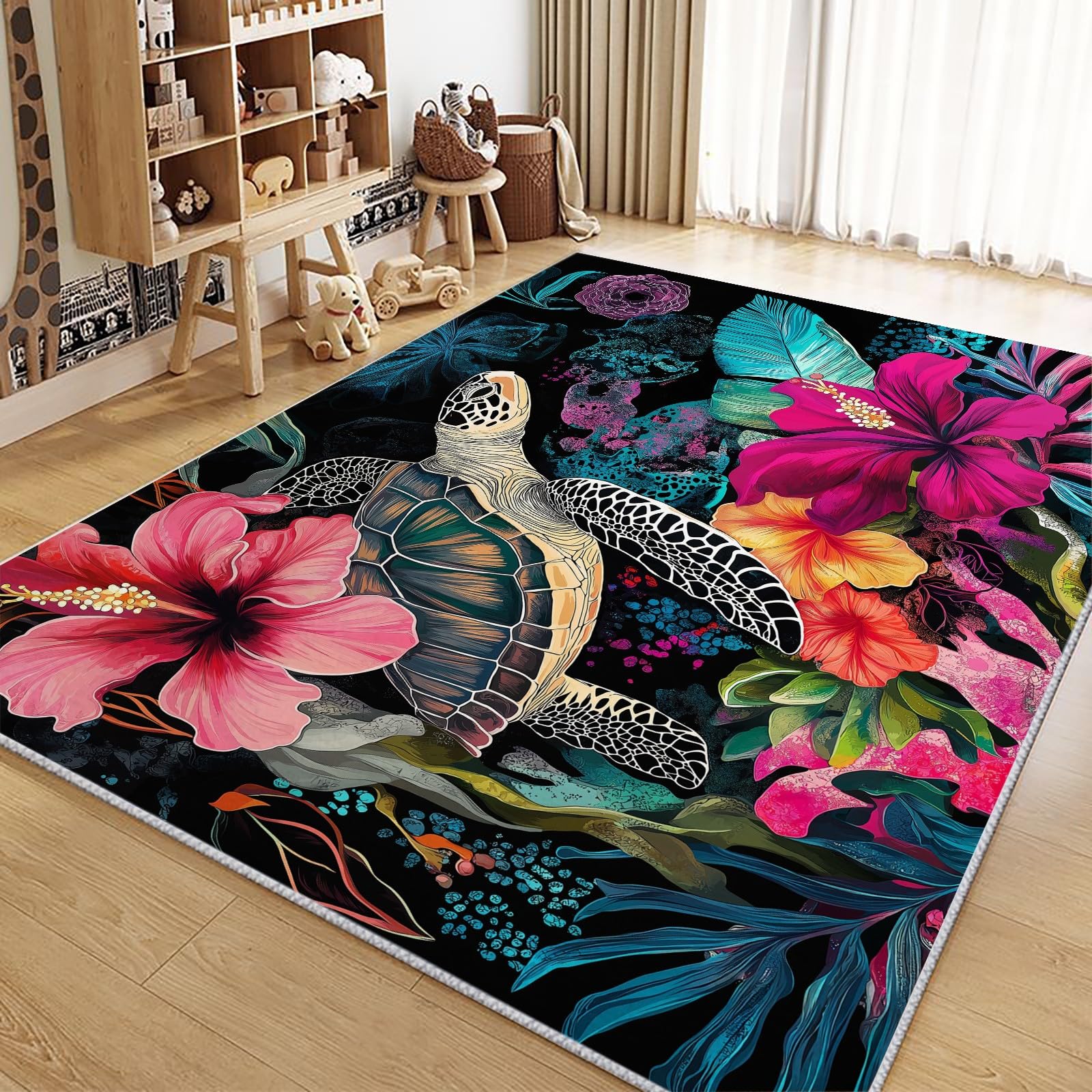 Tapis doux et moelleux 140x200cm tortues colorées d'hibiscus
