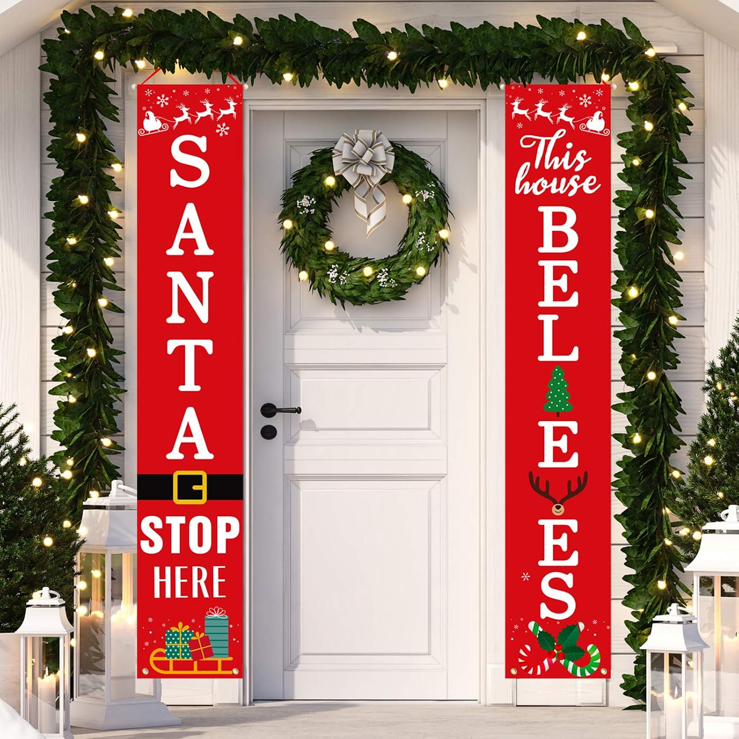 DAZONGE Christmas Decorations Outdoor Indoor | Santa Stop Here & This House Believes Vertical Signs | Vintage Christmas Porch Door Banners | Farmhouse Winter Holiday Decor