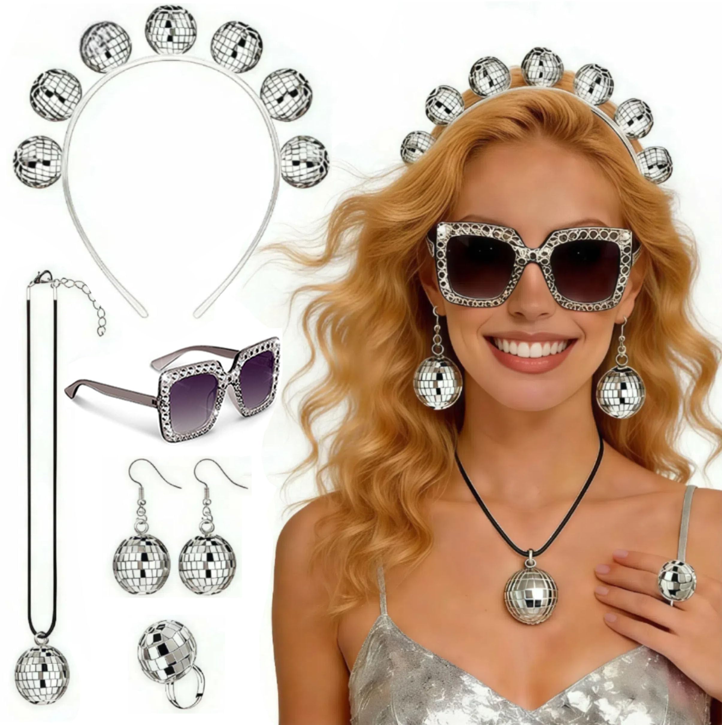 5pcs Discokugel Deko,Disco Ohrringe,Discokugel Ohrringe,Discokugel Haarreif Brille,70er Jahre Disco Party Zubehör Damenbekleidung, Kopfbedeckungen Ringe Party Gadgets