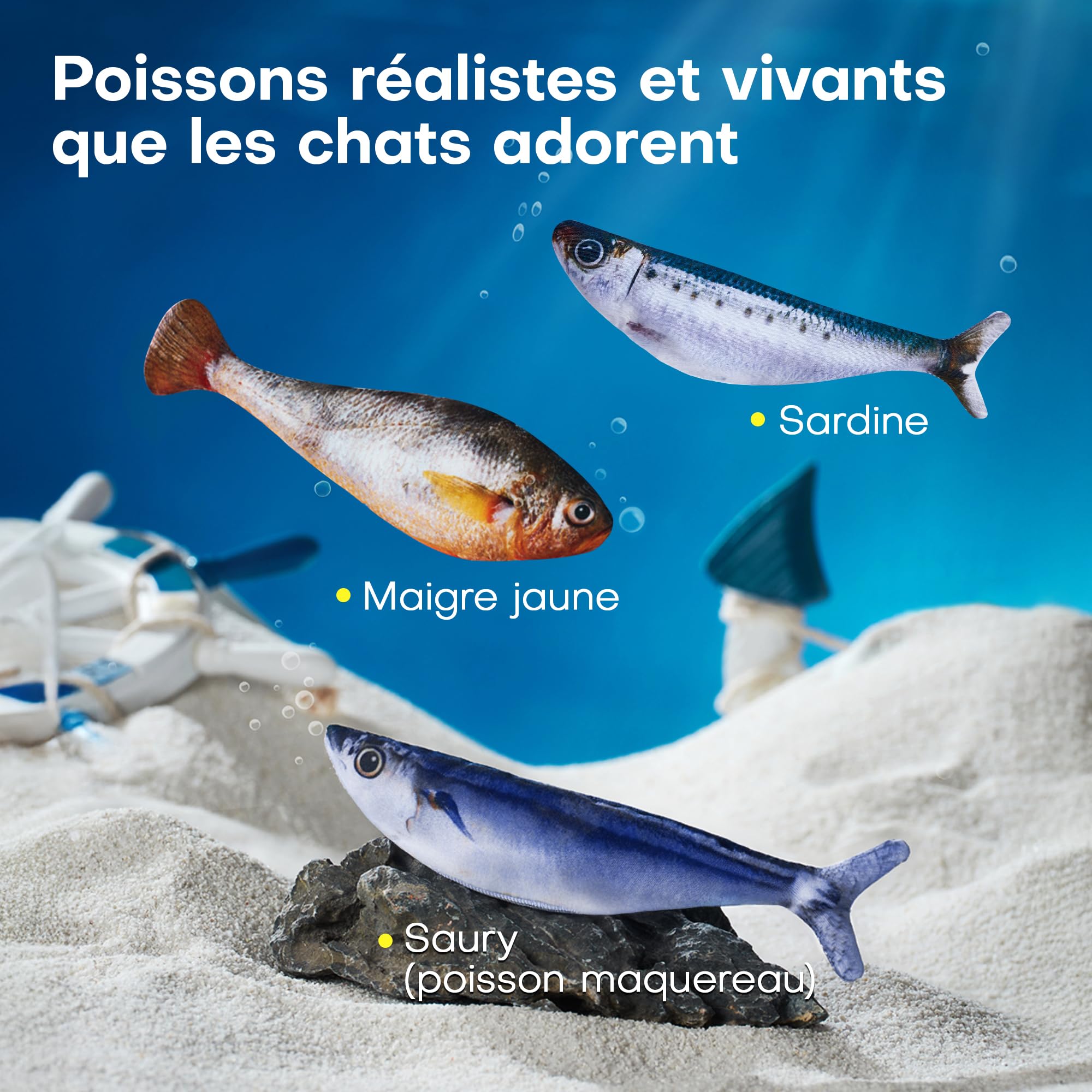 Potaroma Jouet pour Chat, Poisson Interactif Rechargeable 3 Pièces avec Herbe à Chat et 3 Modes Flappy, 18 cm, Peluche Résistante, Activation Automatique