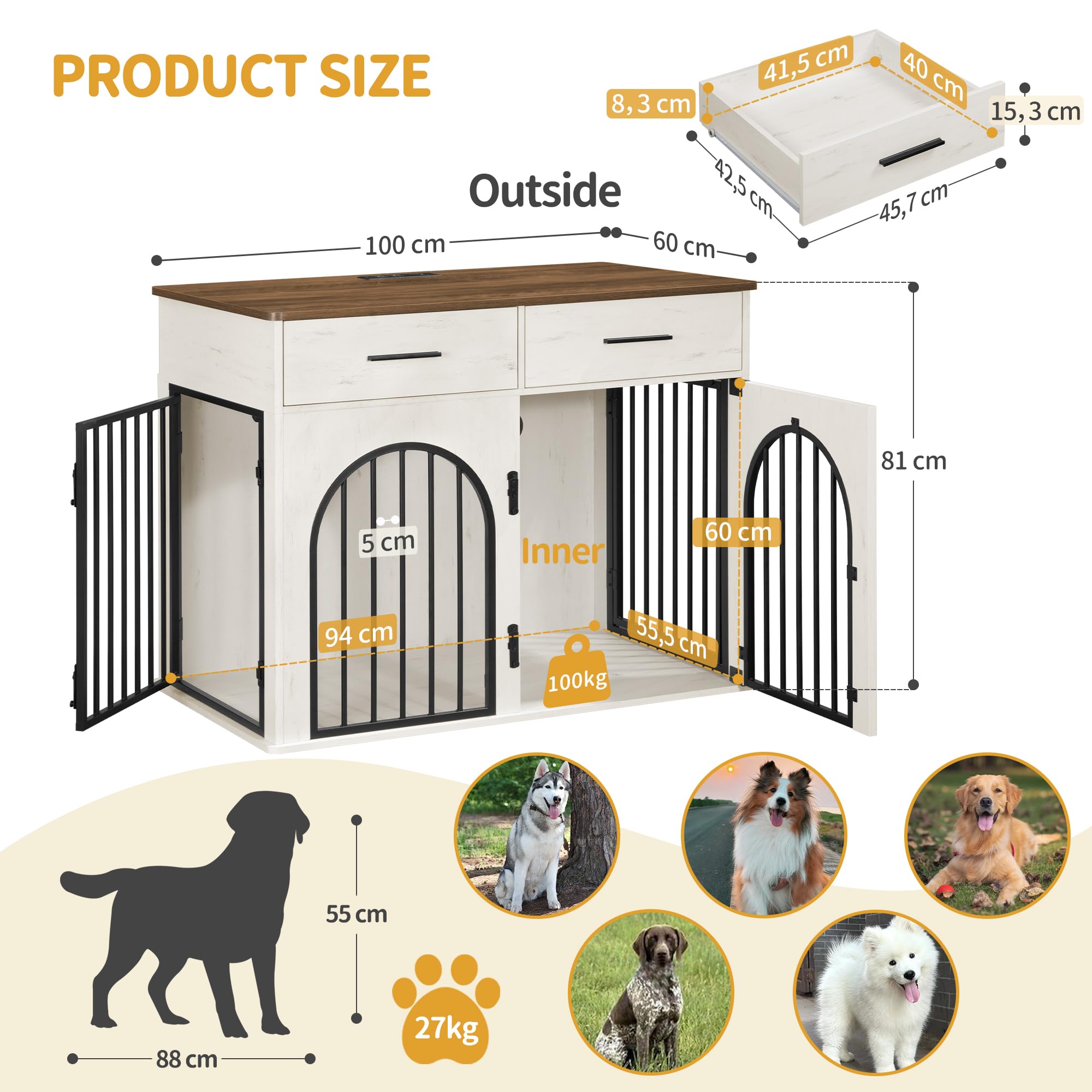 Hzuaneri 100 cm Hundekäfig Möbel mit 2 Schubladen, Hundebox für den Innenbereich mit Ladestation, Hundebox aus Holz Beistelltisch, Hochbelastbar Hundekäfig für Große Hunde, Weiß Braun DFC87214B