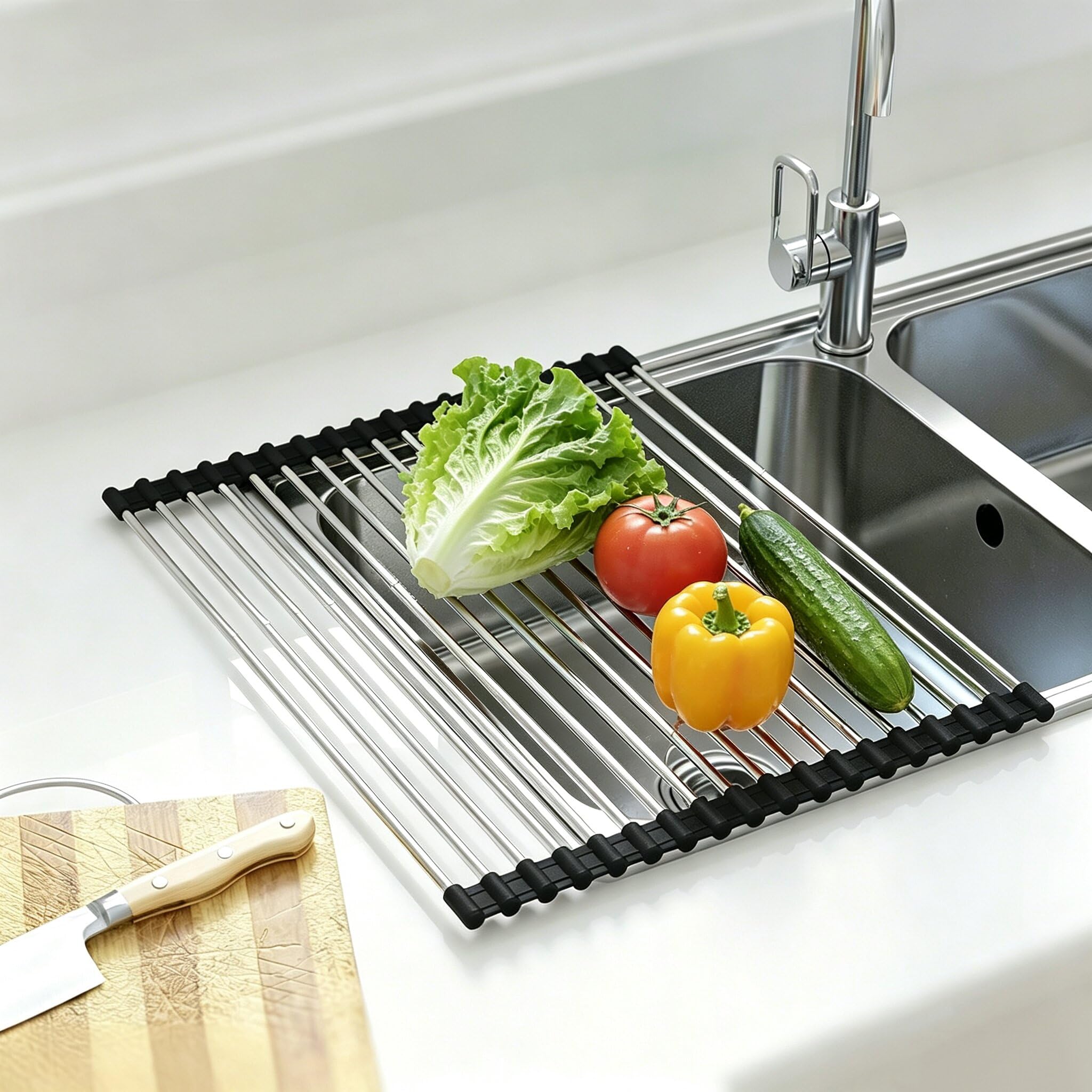CHIRISEN Egouttoir Vaisselle sur Evier Extensible, Pliable, Enroulable Egoutoire Vaisselle Cuisine INOX Au-Dessus de L’évier pour Vaisselle Porte-torchons, Fruits, Légumes(54x33cm, 18 Tubes, Noir)