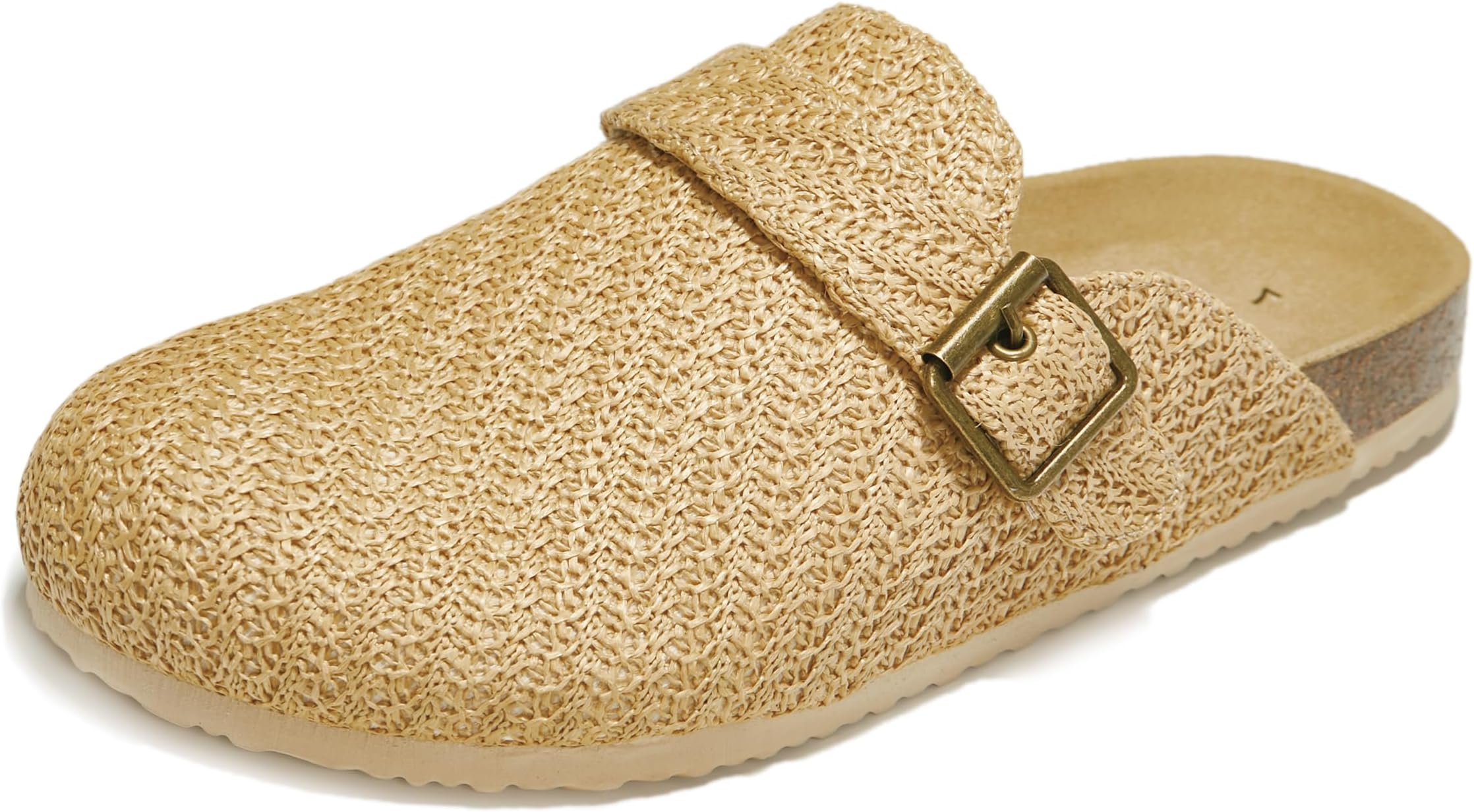 Women's Faux Straw Raffia Clogs with Buckle Strap - Comfortable Slip On Style, Suede Insole, Arch Support, Cork Bottom