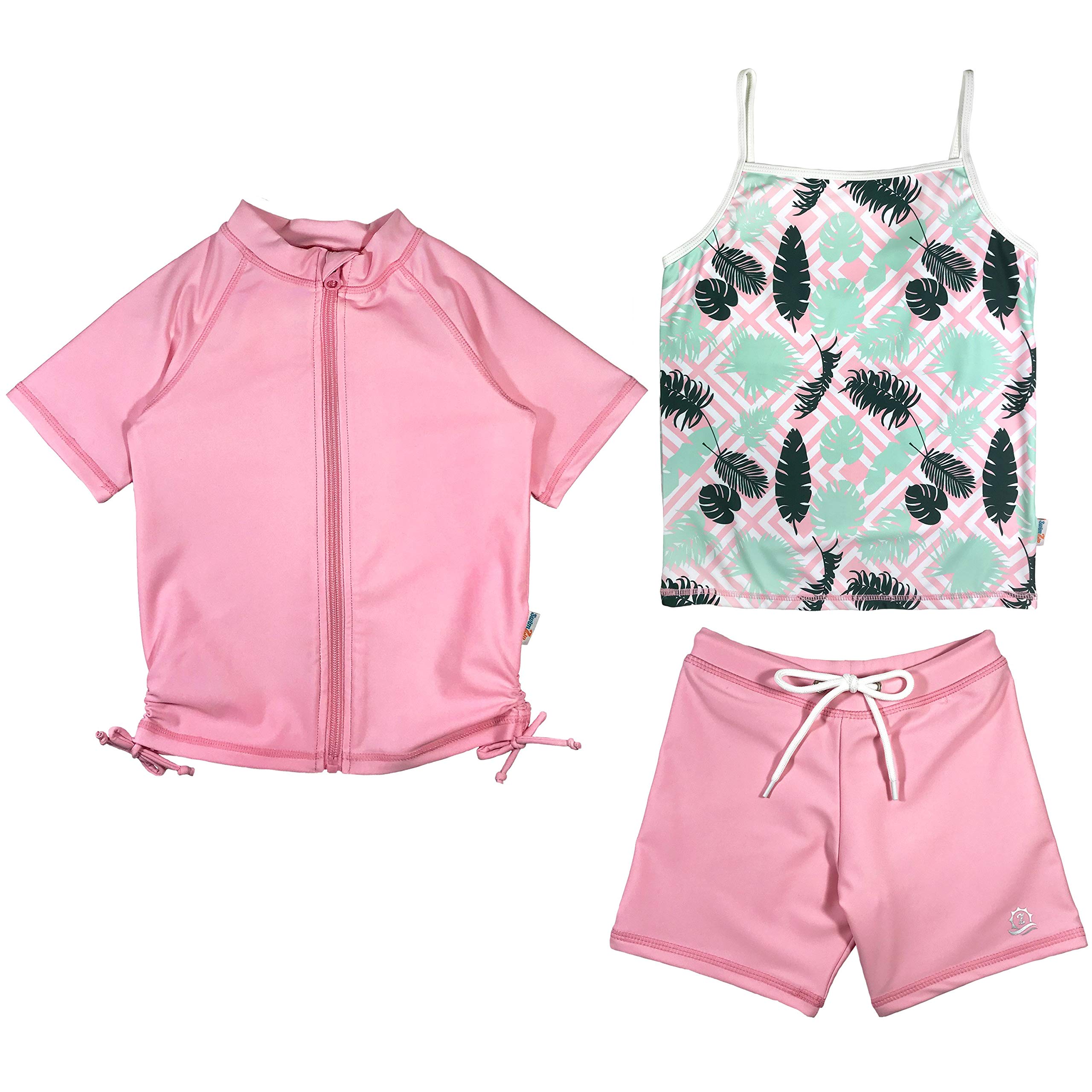 SwimZip Girl 3 Pc Short Sleeve Rash Guard, Shorts, Tankini | Palm - 18-24 Month