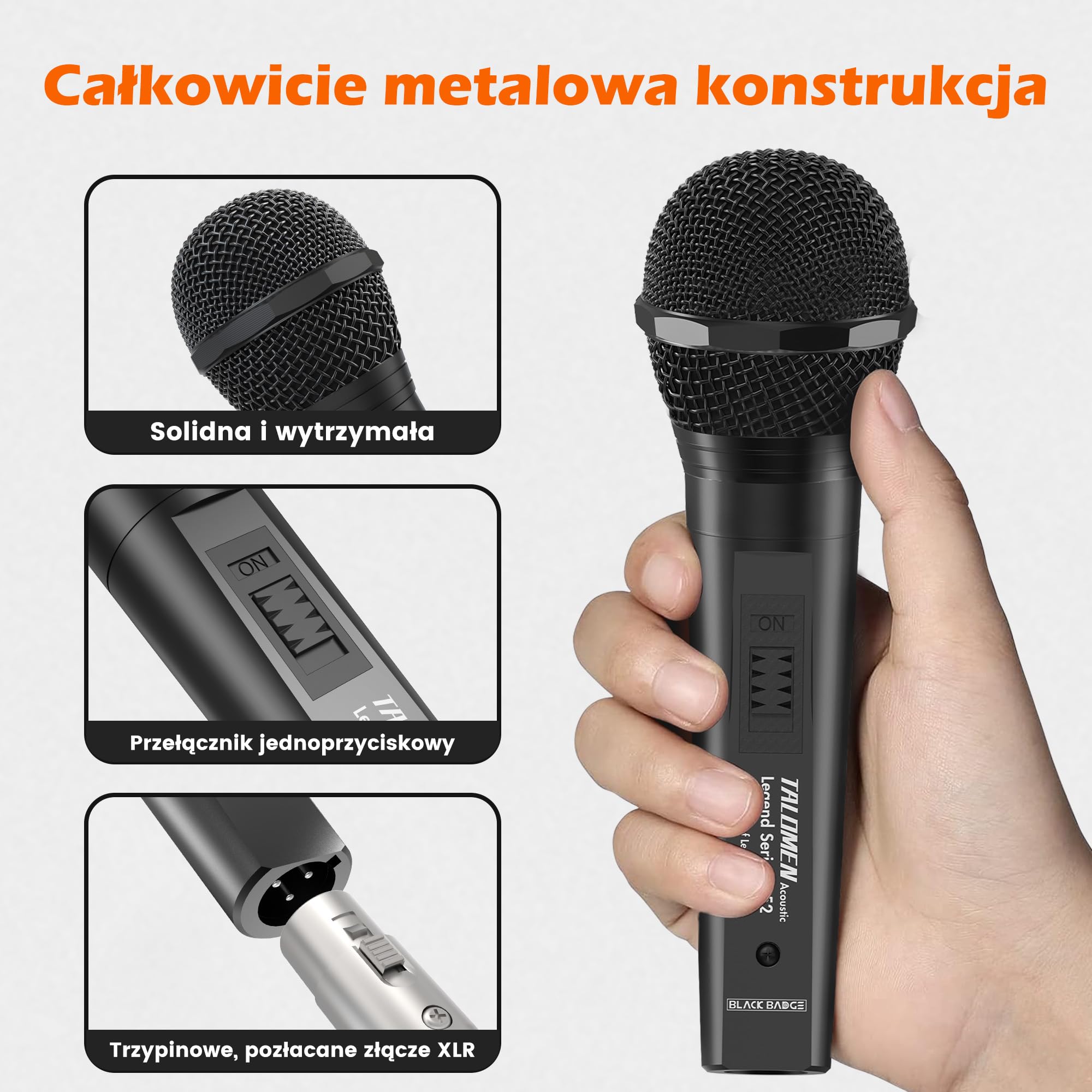 Talomen Profesjonalny Przewodowy Mikrofon Dynamiczny – Kardioidalny Mikrofon Ręczny z Kabli XLR 6 m i 2 m, Czysty Dźwięk do Śpiewu, Karaoke, DJ, PA, Wzmacniaczy, Plener – L52 Czarny