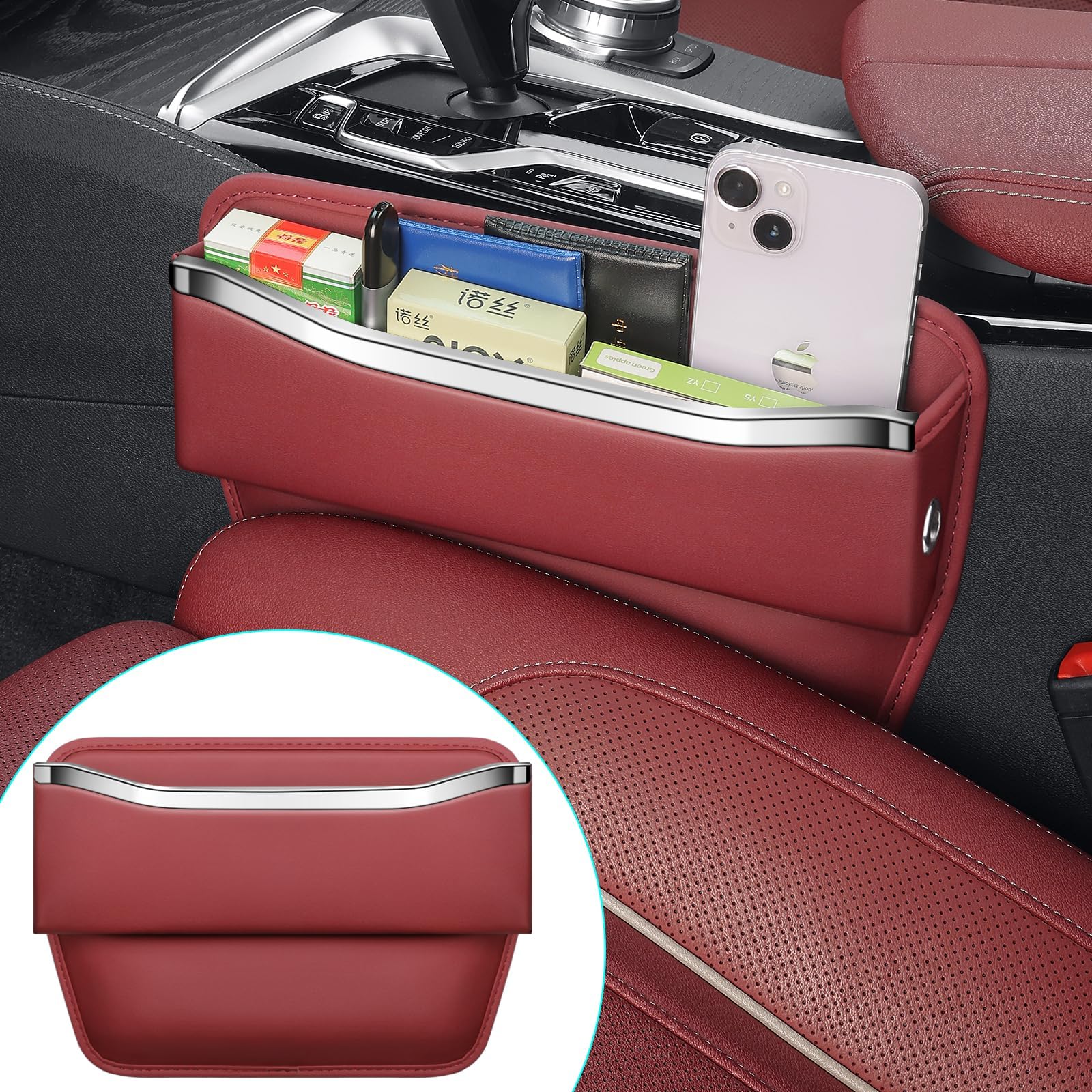 NALACAL Car Seat Gap Filler, Premium Red Leather Car Seat Organizer with Universal Fit for Cars, SUV and Trucks - Enhanced Car Interior Accessory for Essential Storage and Organization