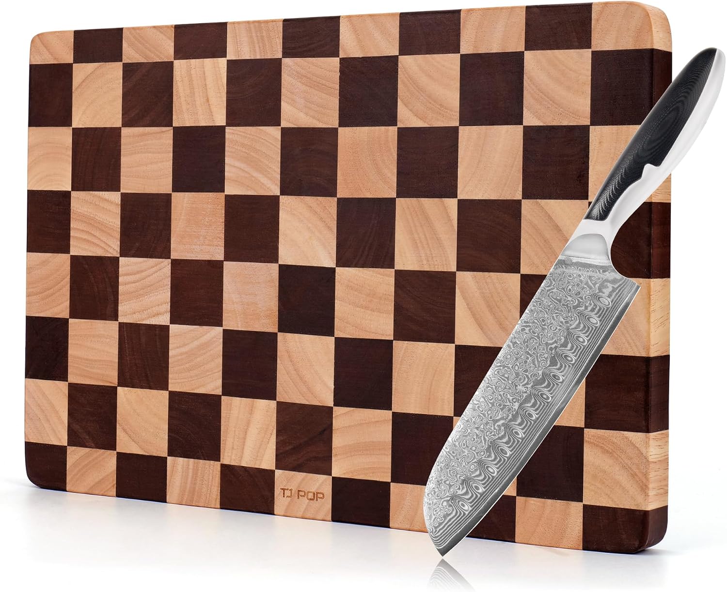 Checkerboard Cutting Board & Damascus Santoku Knife Set – 15 x10 " Wood Cutting Board for Everyday Prep + Premium 7" Damascus Steel Santoku Knife for Meat, Veggies, and Fruits