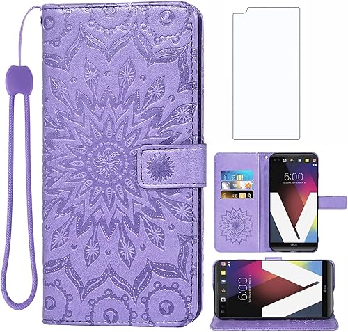 Miniatura 1 de Asuwish Funda de teléfono para LG V20 con protector de pantalla de vidrio templado y piel de girasol, funda delgada con tapa abatible para tarjeta