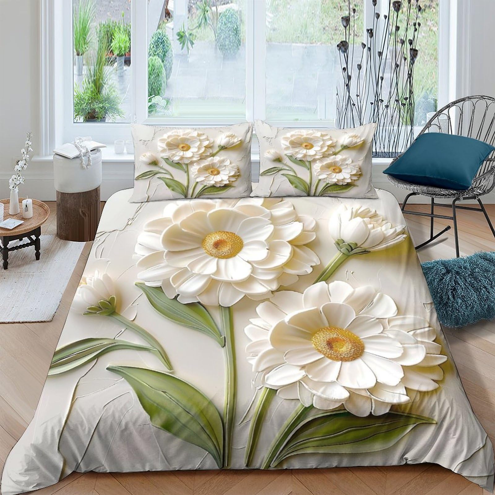 BARDYS White Daisy Quilt Cover 3D Print Cameo Comforter Covers Duvet Cover for Teens And Adults Soft Microfiber Bedding Set with Pillow Cases with Zipper Closure 3 Pieces Double（200x200cm）