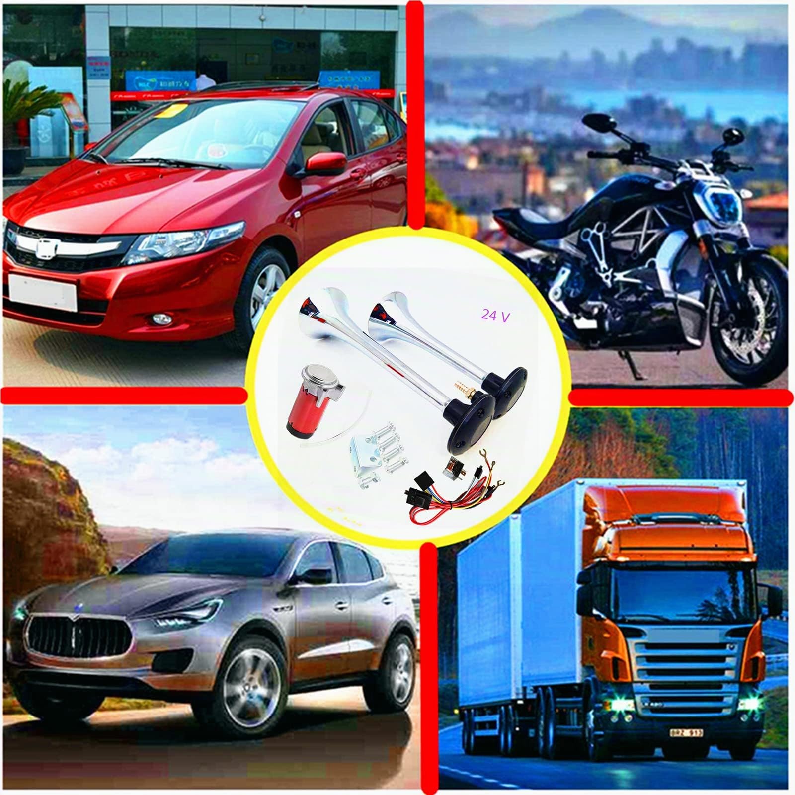 Klaxon de Voiture 150db 24V Haut-Parleur Chrome Zinc Argent Double Tube Trompette Avec Rouge Pompe à Air Pour Camion Bateau Moto