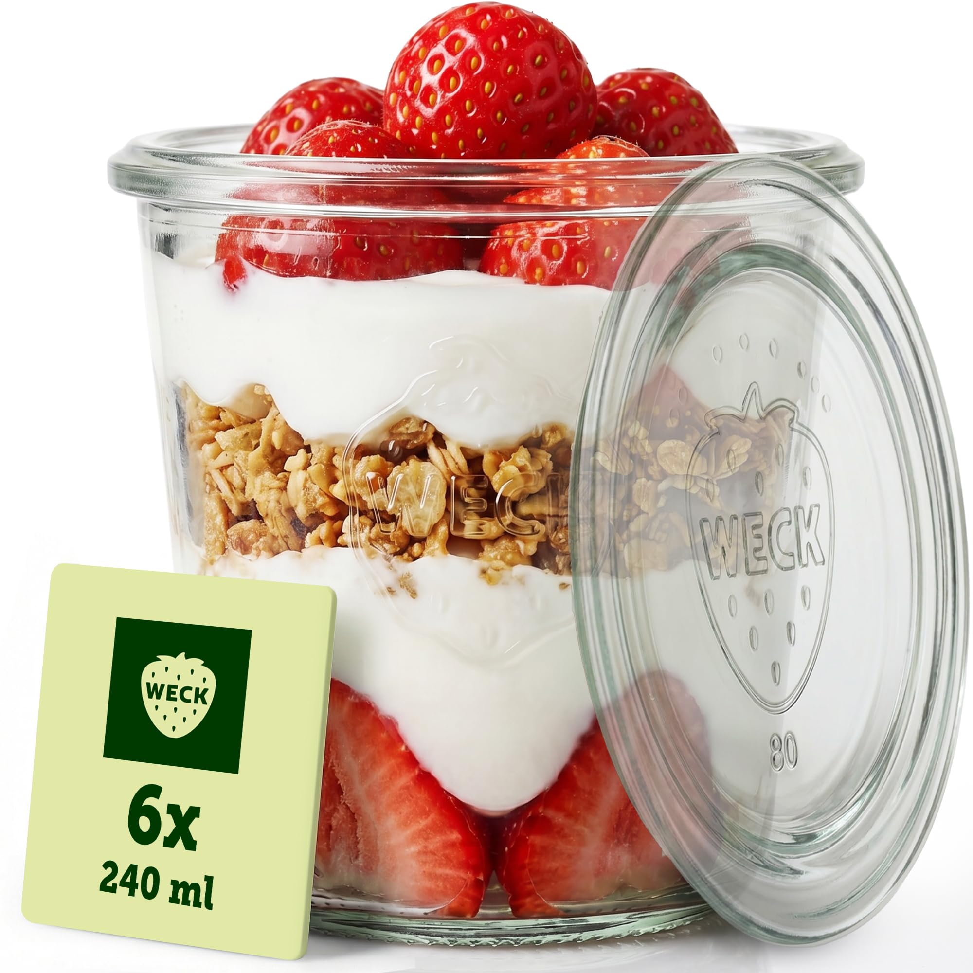 Weck Bicchieri da 290 ml – Set da 6 pezzi con coperchi – Forma a goccia – Bicchieri da dessert robusti e impilabili – vasetti per conserve – piccoli – vasetti per conserve ideali per dessert – Made in