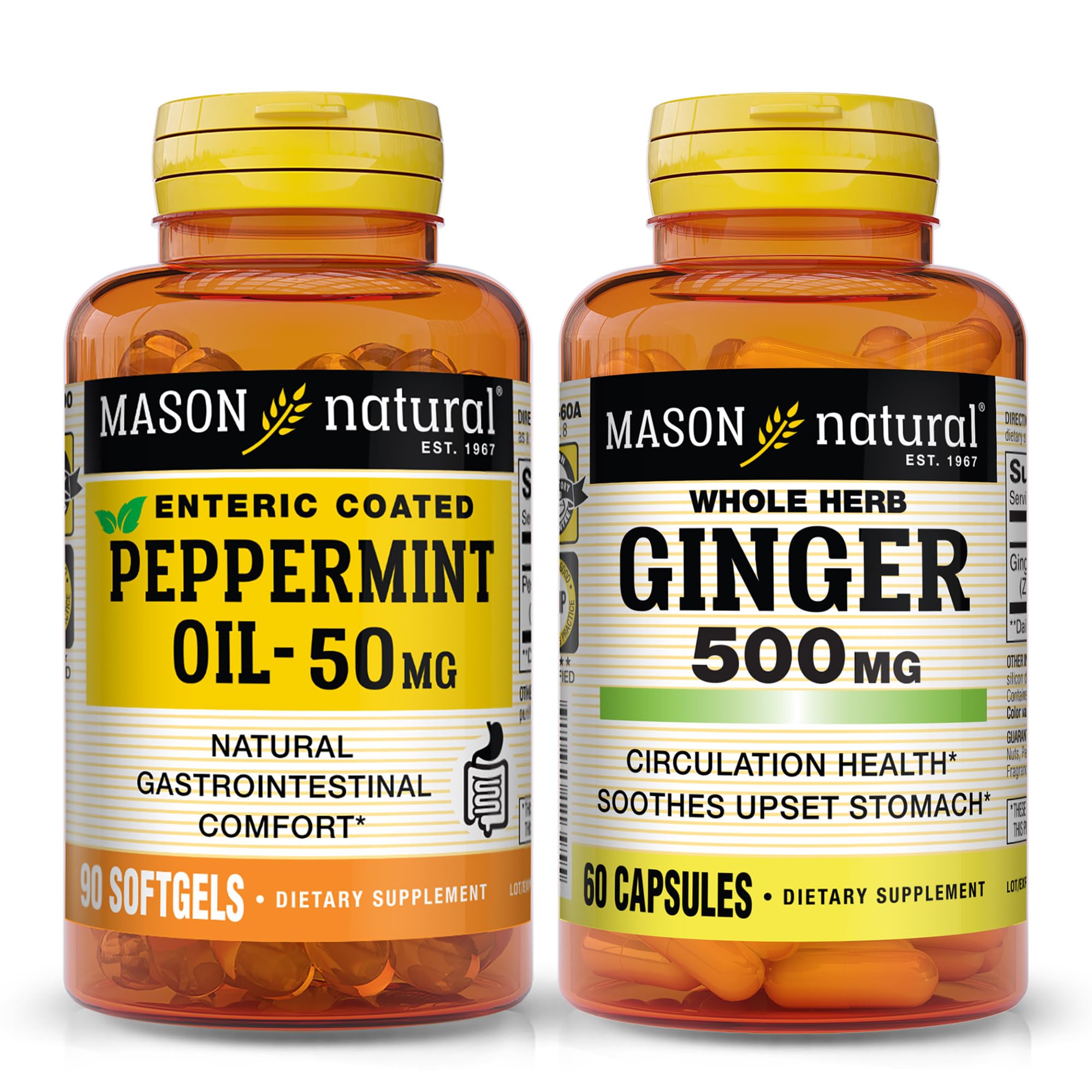 Natural Gastrointestinal Comfort and Healthy Guy Support Bundle of MASON NATURAL Whole Herb Ginger 500 mg, 60 Capsules + MASON NATURAL Peppermint Oil 50 mg, 90