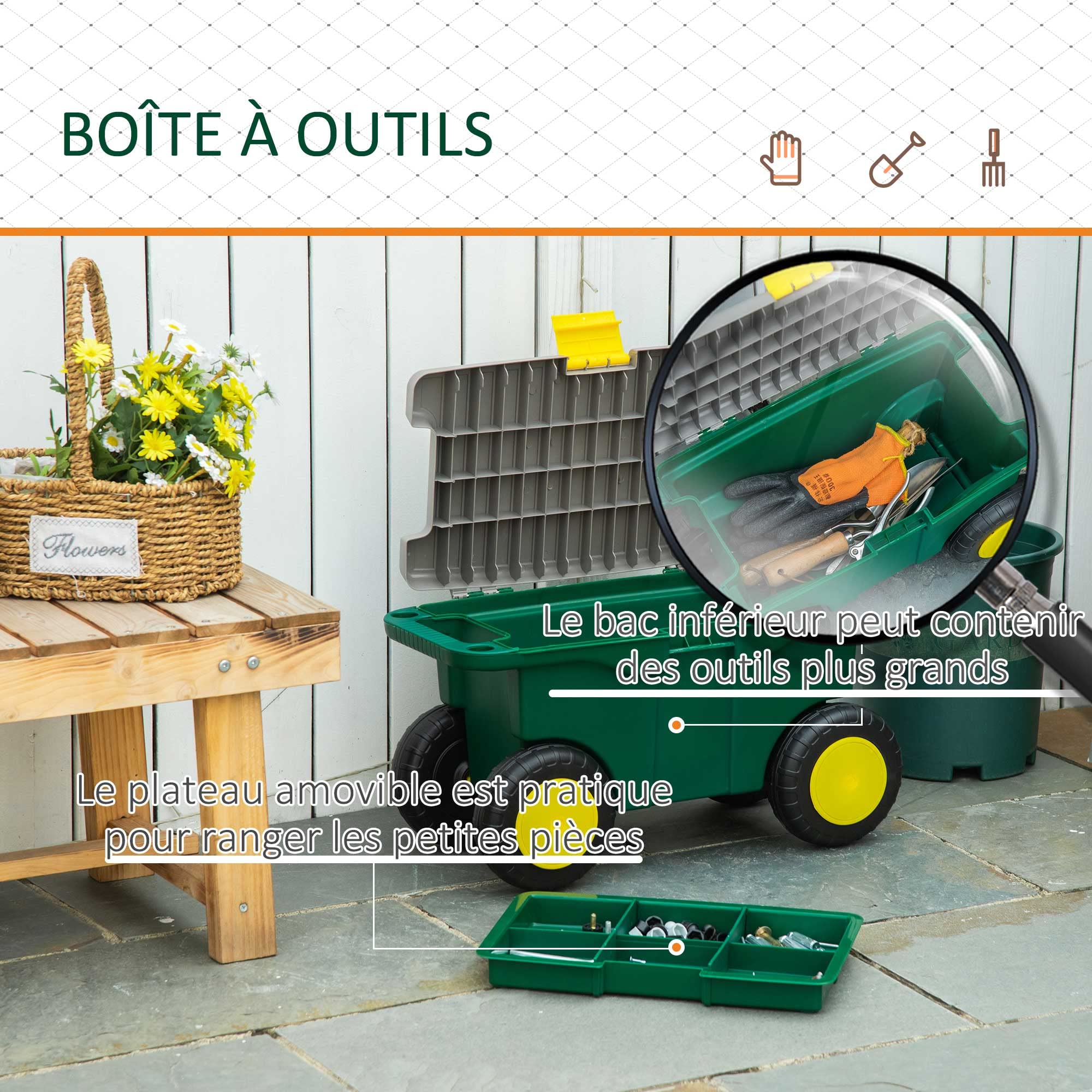 Outsunny - Taburete de jardín, caja de herramientas, 2 en 1, caja de herramientas, bandeja compartimentada, 4 ruedas, 2 asas, PP gris y verde