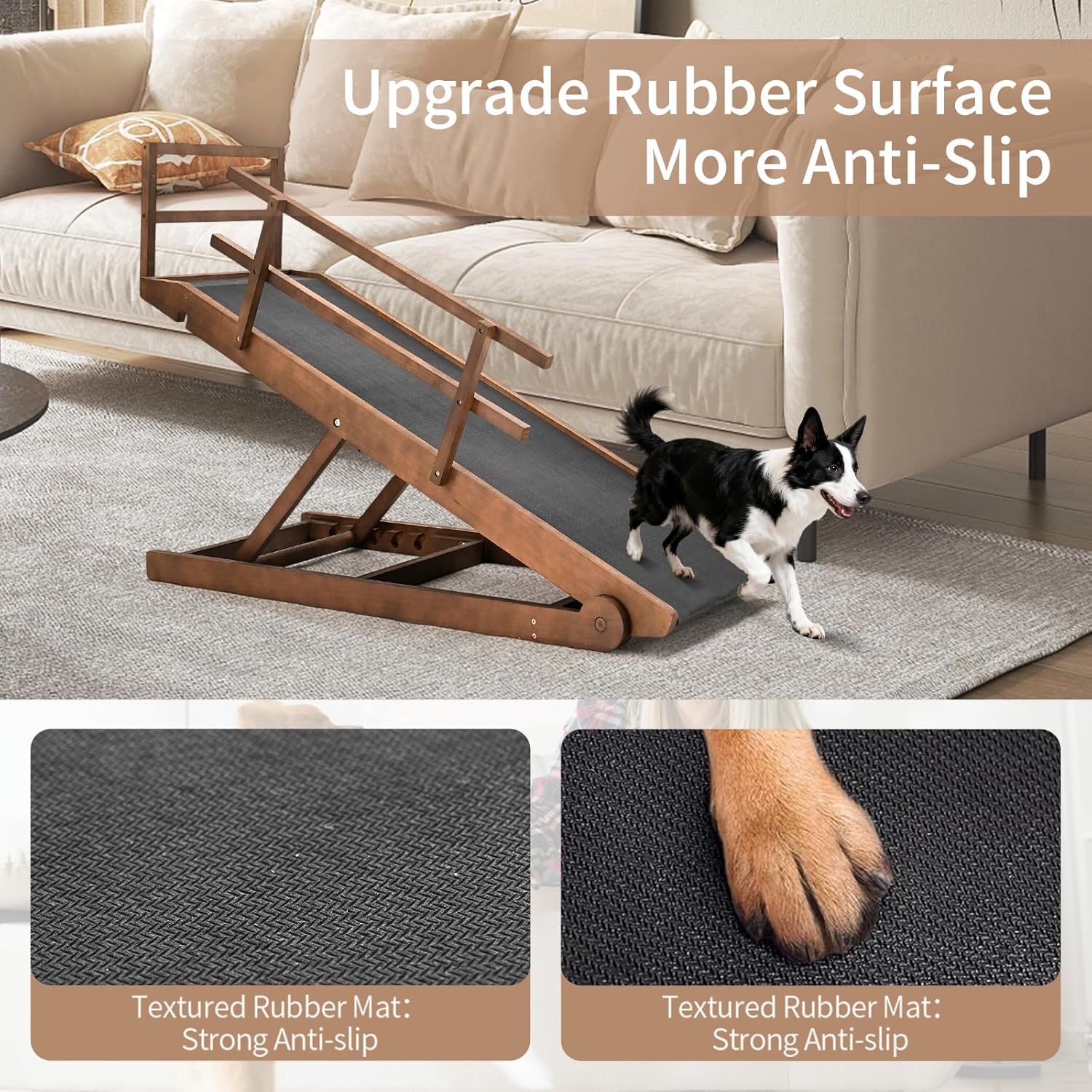 SLSY Dog Ramp for Beds & Couches, Folding Adjustable Pet Ramp with Non-Slip Rubber Mat, 55" Long, 5 Heights (15.7"–27.5"), Wooden Ramp Supports Up to 220 lbs for Dogs & Cats (Brown)