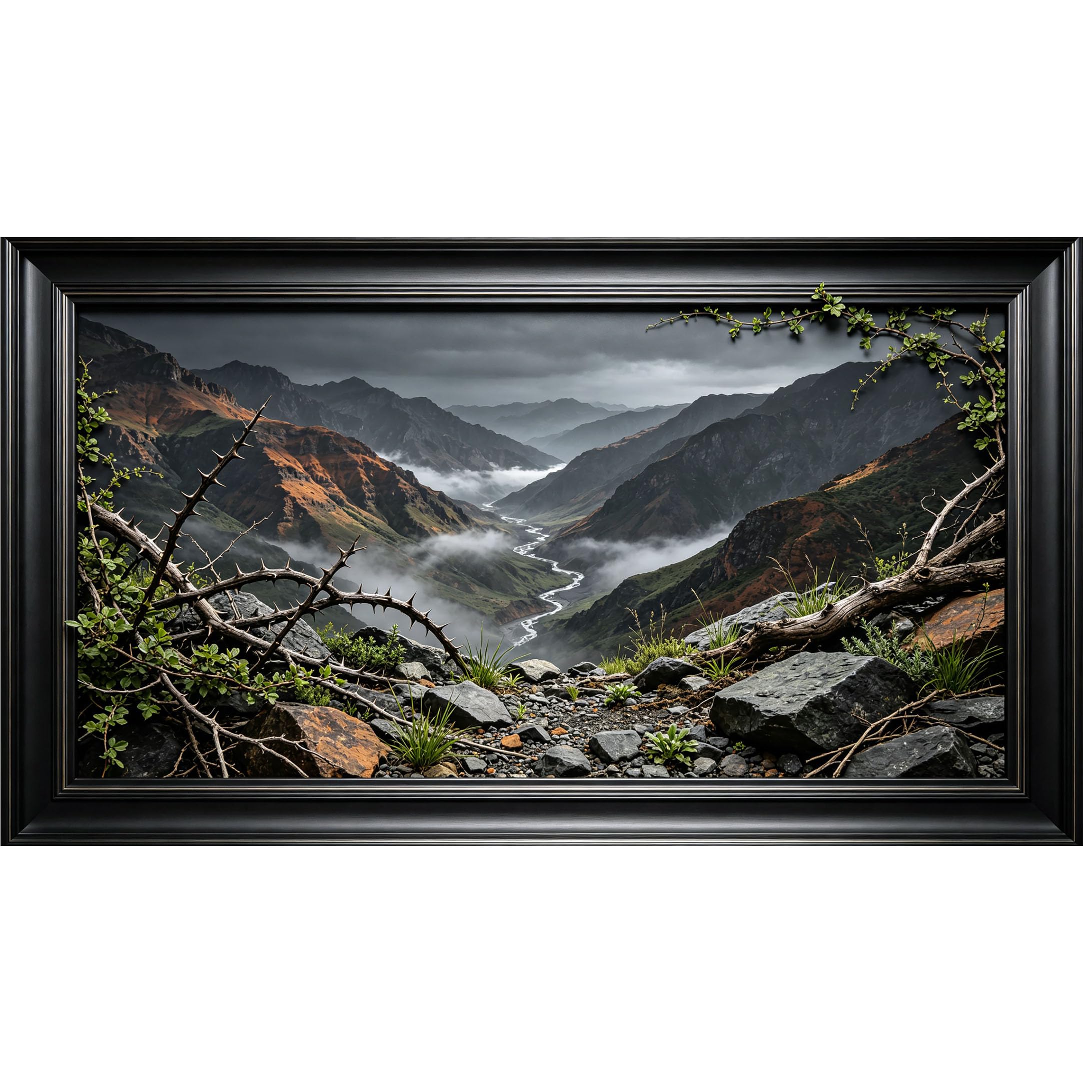 QZLITHOTIC 50×90cm3D Framed Wall Art， Misty Mountain Landscape River Valley Natural Scenery Self?Adhesive Mural， Water?Activated Peel & Stick Fabric Decor Wall Decal for Bedroom Living Room