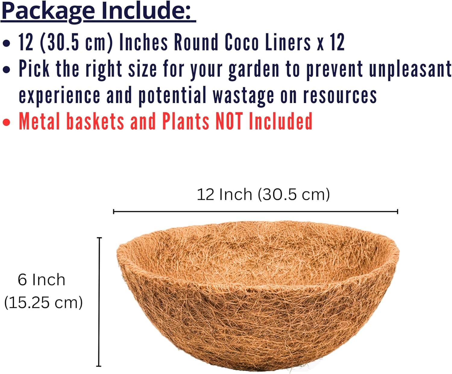 LaLaGreen 12'' (12 Pack, Round) Coco Liners for Hanging Basket – Small Coir Fiber Replacement for Flower Pot, Garden Holder, DIY Outdoor Planter – Multi Sizes 8/10/14/16/18/20 Inch & Different Shapes