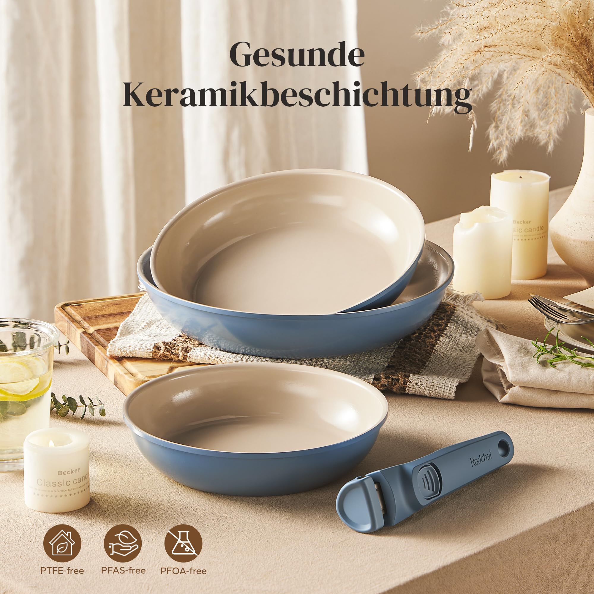 Redchef Zestaw patelni ze zdejmowanym uchwytem, patelnia indukcyjna, patelnia ceramiczna z powłoką zapobiegającą przywieraniu, 6-częściowy zestaw 20, 24, 28 cm oszczędzający miejsce, patelnie