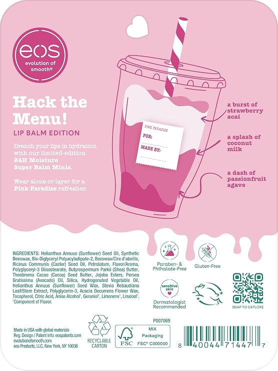 eos 24H Moisture Super Balm Mini-Pink Paradise, Limited Edition, Nutrition, Dry Lip, Variety Pack Mini, Lip Balm, 1.8 Fluid Ounce, 3 Pack