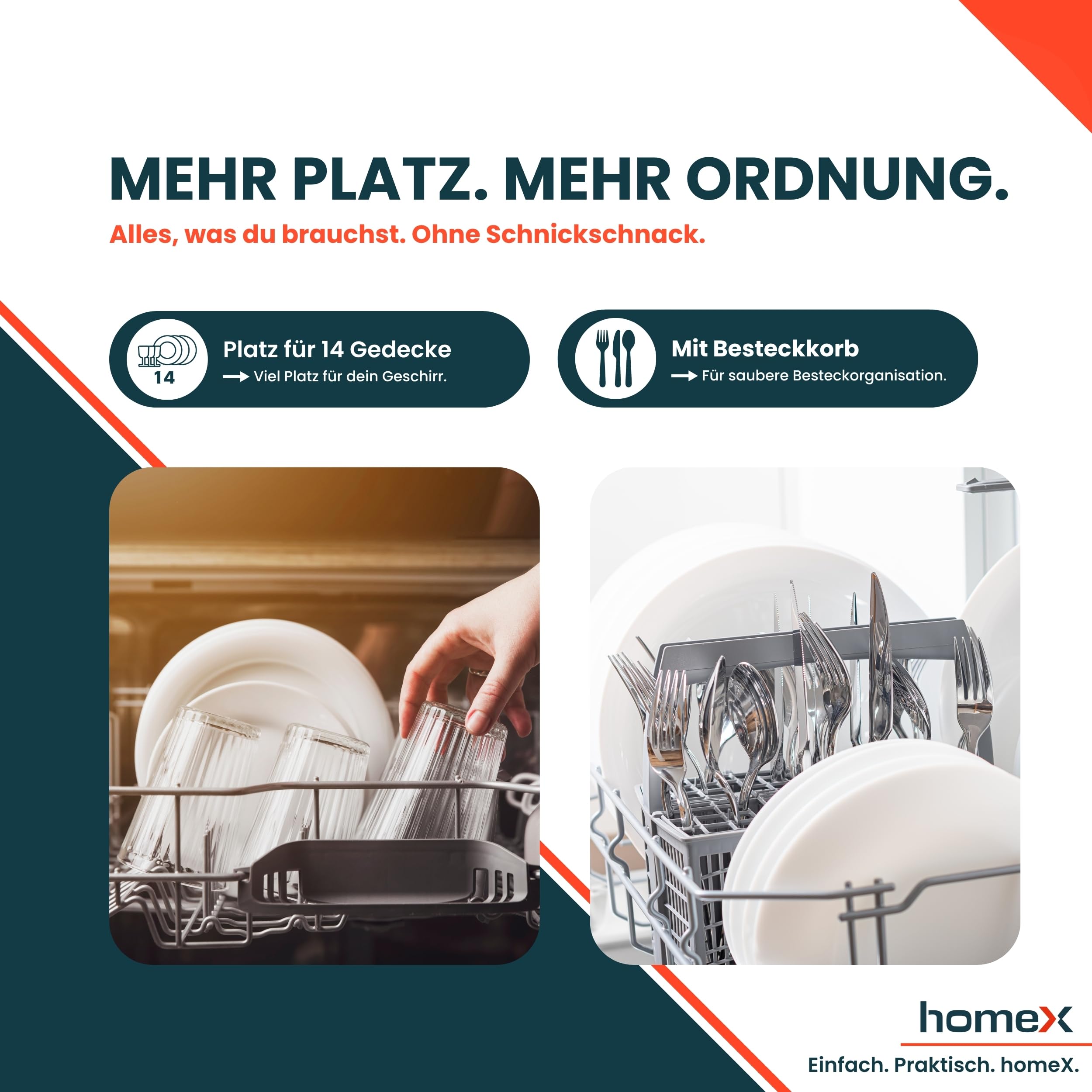 homeX DWSI601449E Geschirrspüler 60 cm teilintegrierbar 14 Maßgedecke 6 Programme AquaStop 49 dB Touch Control Einbaugeschirrspüler