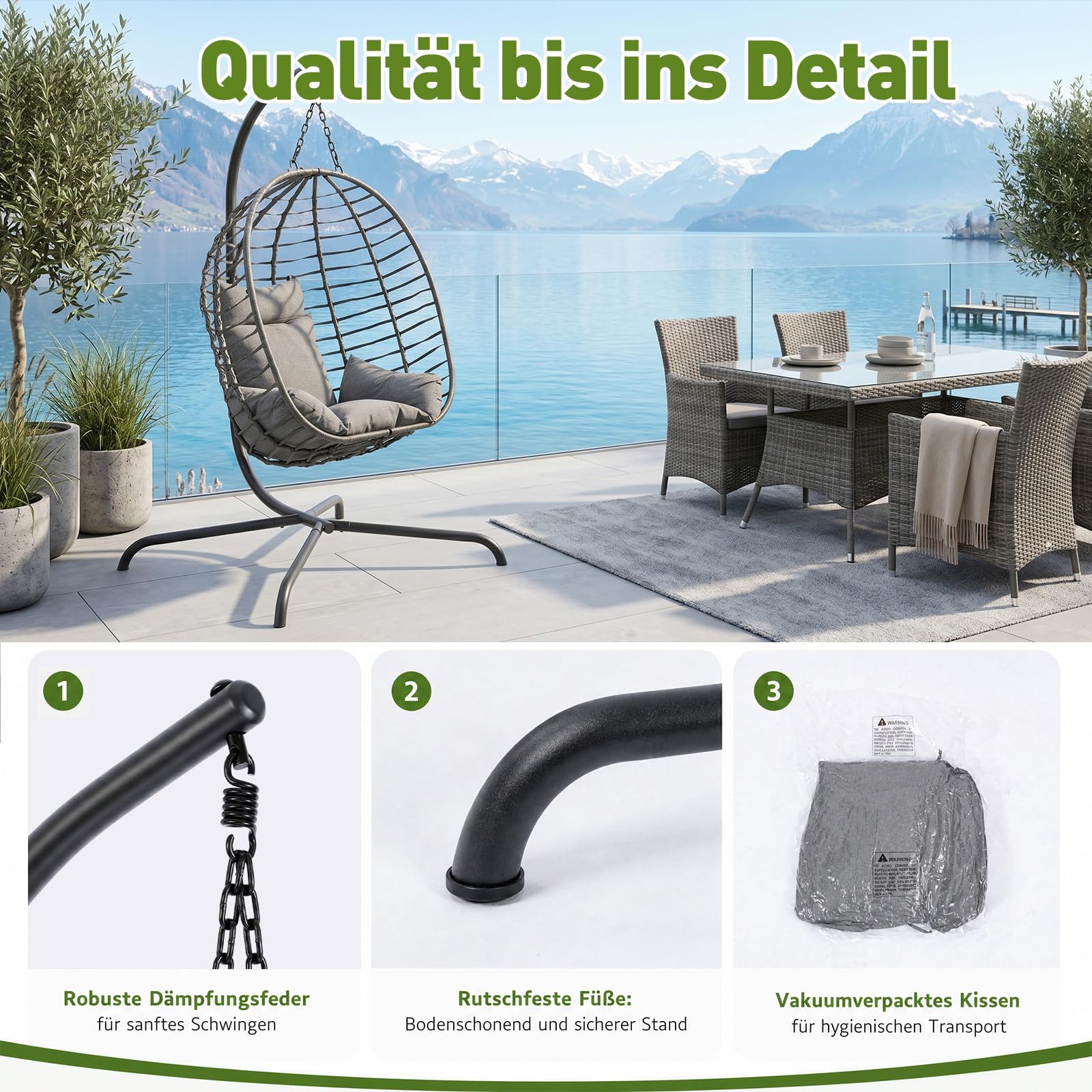 Sekey XXL Hängesessel mit Gestell, 93 cm Breiter Hängekorb mit Dickem Kissen (2 kg), bis 150 kg, Faltbarer Sitzkorb, 2-Punkt-Aufhängung & Kippsichere X-Basis, für In- & Outdoor, Balkon, Garten