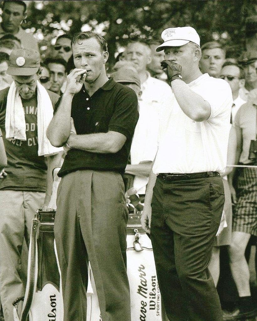 Arnold Palmer & Jack Nicklaus smoking at the tee box during a round - 11"x14" Photo, Mounted in 16"x20" Double Matt and Framed with Plexi Glass