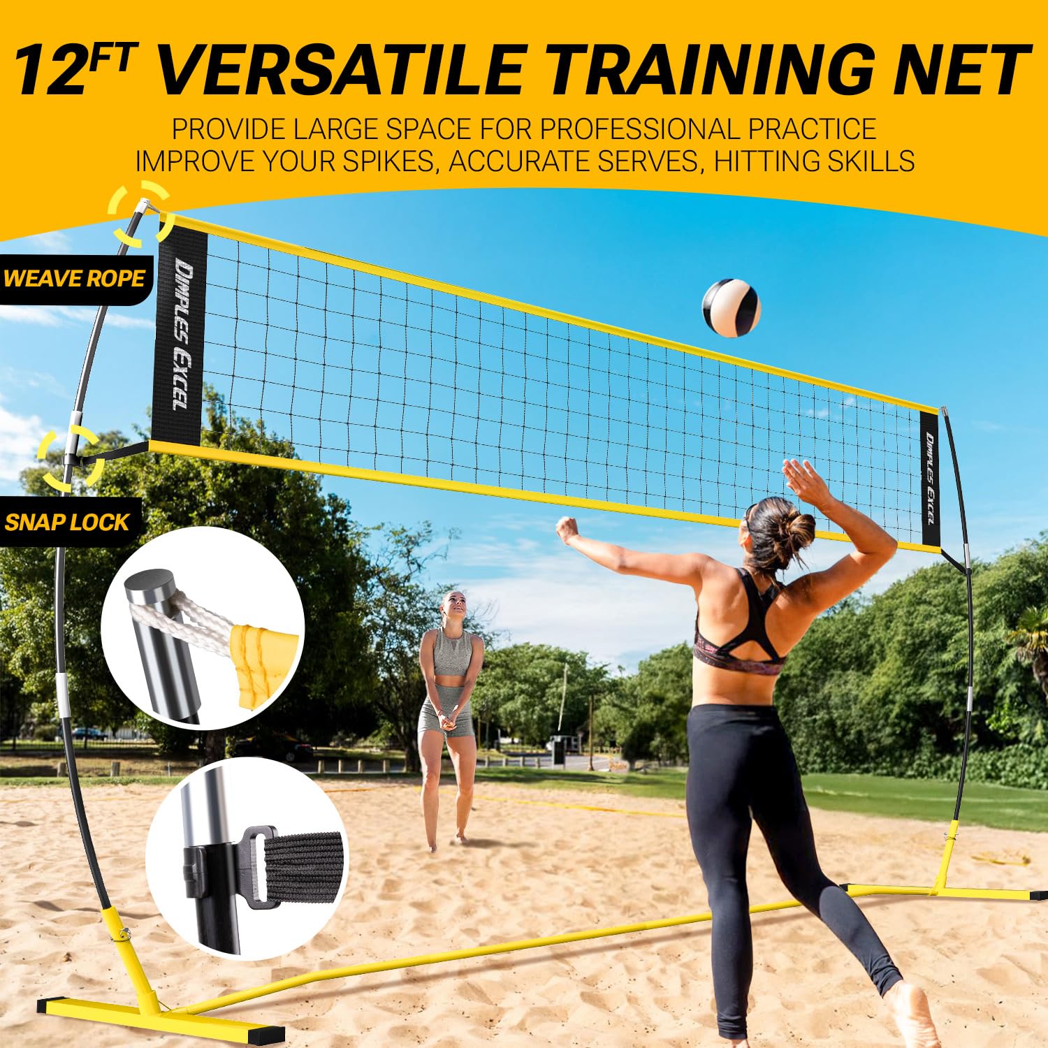 Dimples Excel Red de Voleibol portátil para Exterior 12x8 FT, Equipo de Entrenamiento Ajustable para Adultos en el Patio