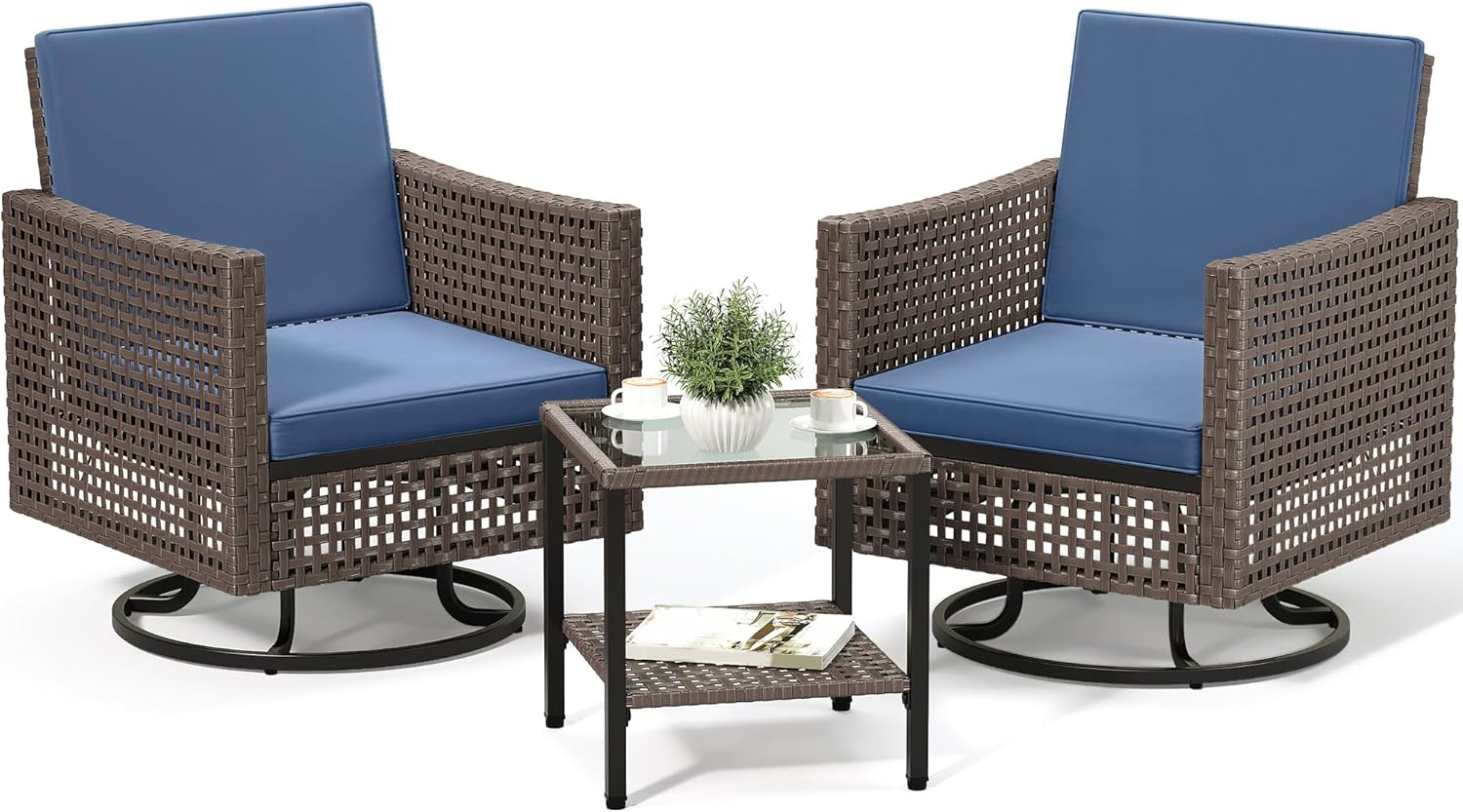 YITAHOME Outdoor Swivel Chair 3 Pieces, Wicker Patio Furniture, Porch Furniture, Swivel Wicker Patio Chairs with Rattan Side Table, Thickened Cushions for Porch, and Yard, Blue