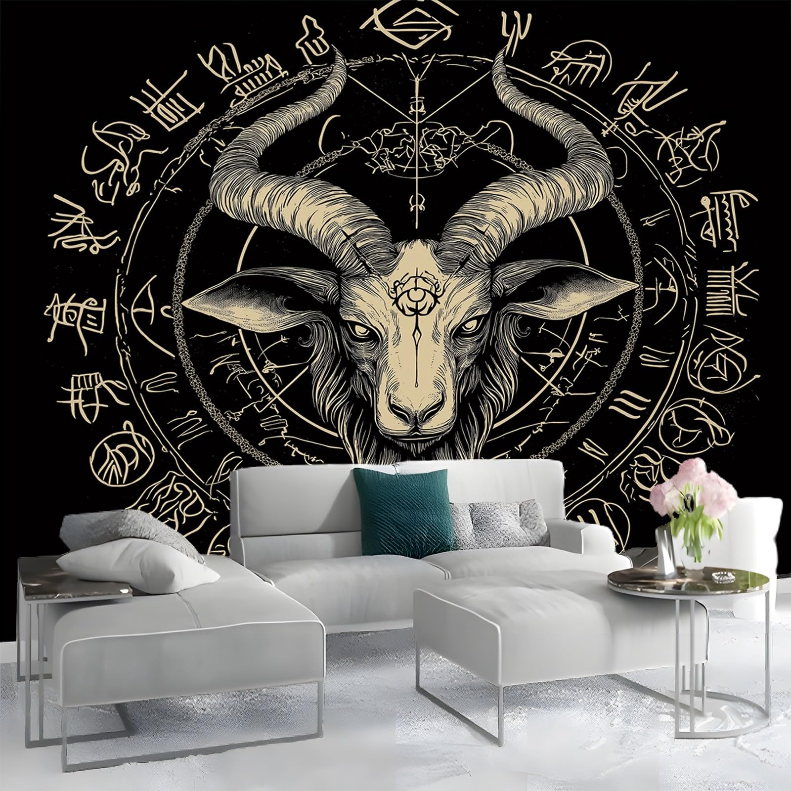Tapeta gotycka głowa owcy symbol złota czarna 200 cm x 140 cm (szer. x wys.), fototapeta mural sypialnia pokrycie ścienne do salonu sztuka fototapeta do salonu dorośli sypialnia przedpokój kuchnia