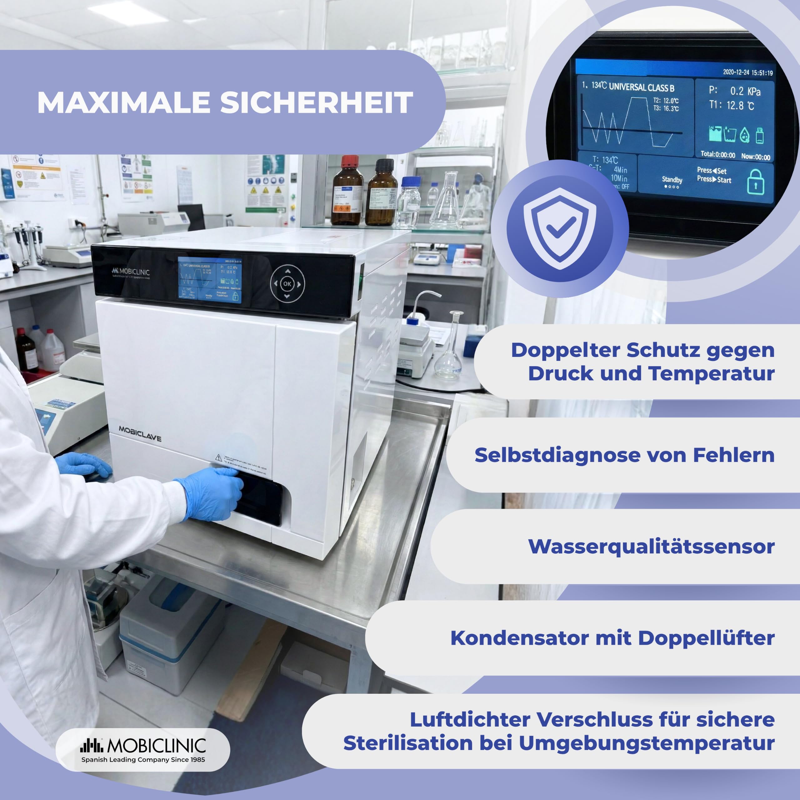 Mobiclinic®, Professioneller Autoklav, 17L Dampf-Autoklav-Sterilisator, 99% Desinfektionsmittel mit 360°-Abdeckung, 6 Zyklen + anpassbar, Drucker, USB, SD, Kliniken und Labore, MobiClave Plus