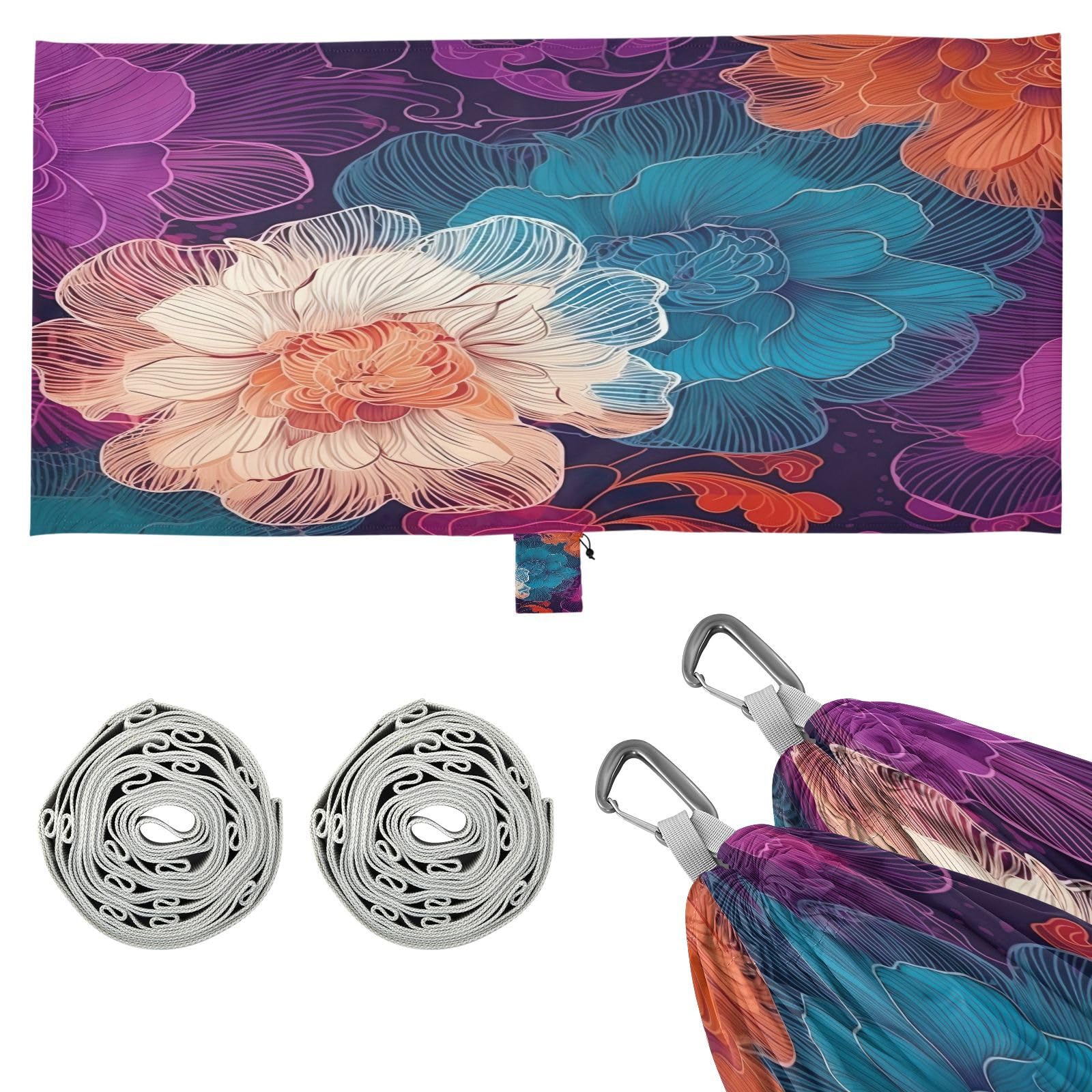 SDMKA Colorful Line Flower Camping Hammock, 330 lbs with 2 Tree Straps, Carry Bag, Single Portable Hammock for Outdoor/Indoor, Hiking, Beach, Backpacking, Travel