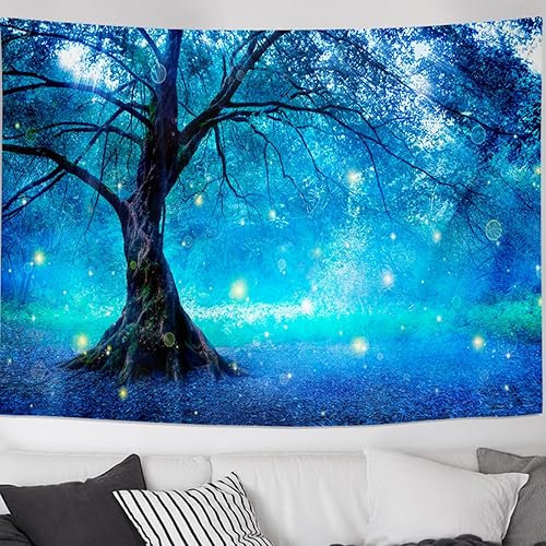 Miniatura 2 de QGKPL Tapiz de bosque azul con luz negra, tapiz de luciérnaga reactivo a los rayos UV para dormitorio, tapices que brillan en la oscuridad para