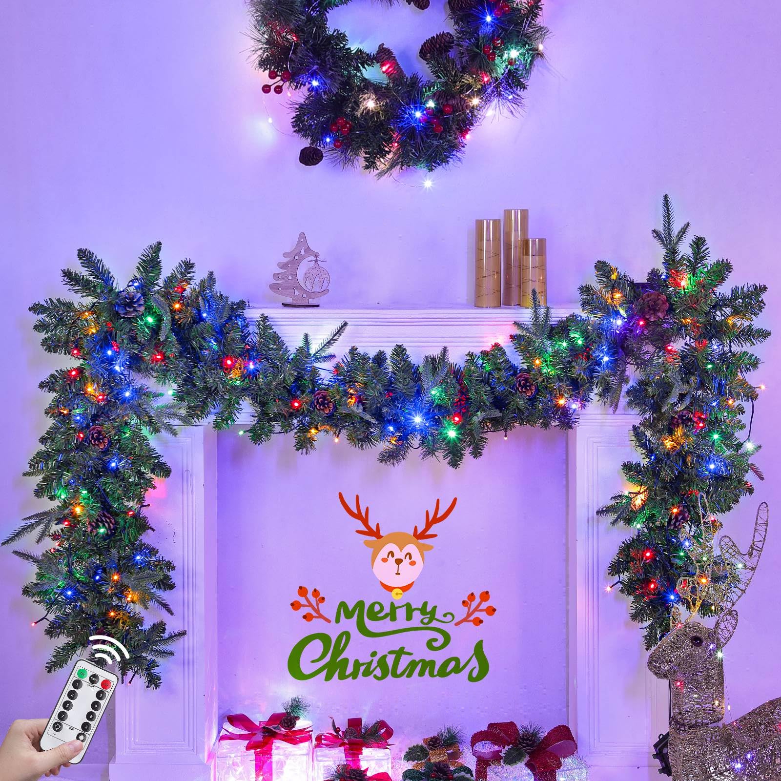 Weihnachtsgirlande mit 100 LEDs, Timer, 8 Modi, 30 Schneeborsten, 6 Weihnachtsstern, 18 Kugeln, 18 Tannenzapfen, 198 rote Beeren, batteriebetrieben, für den Innenbereich, Kaminsims