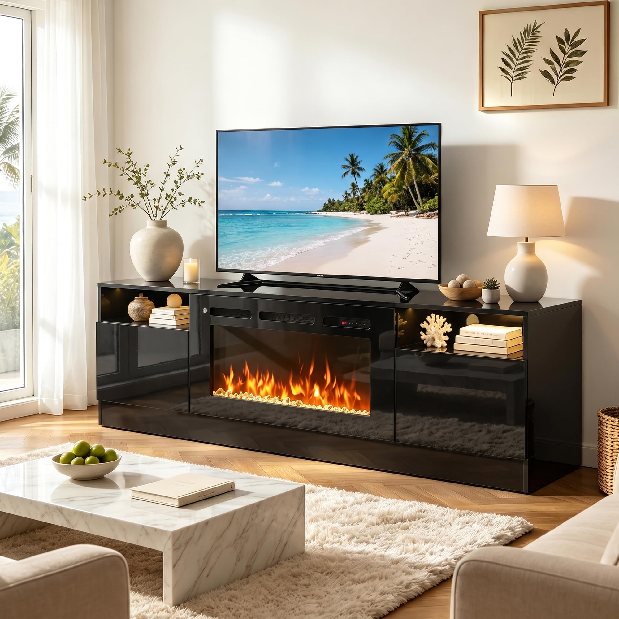 MXV Fireplace TV Stand with 36'' Electric Fireplace Up to 80" TVs, LED Light Entertainment Center, Modern Wood Texture Entertainment Stand with Highlight Storage Cabinet, Black-Black