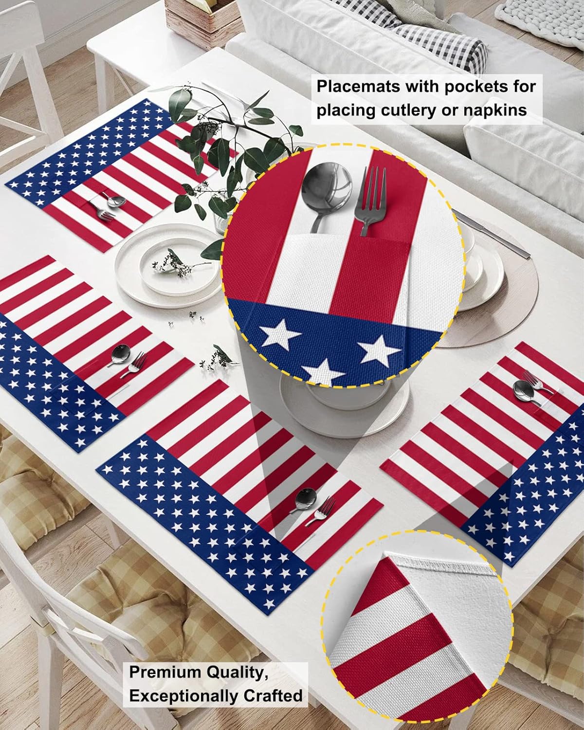 Heat-Resistance Place Mats, Sturdiness Table Mats, Indoor Outdoor Placemat - Easy to Clean American USA Flag Independence Day Blue and Red Placemats with Pocket 13x19 Inch