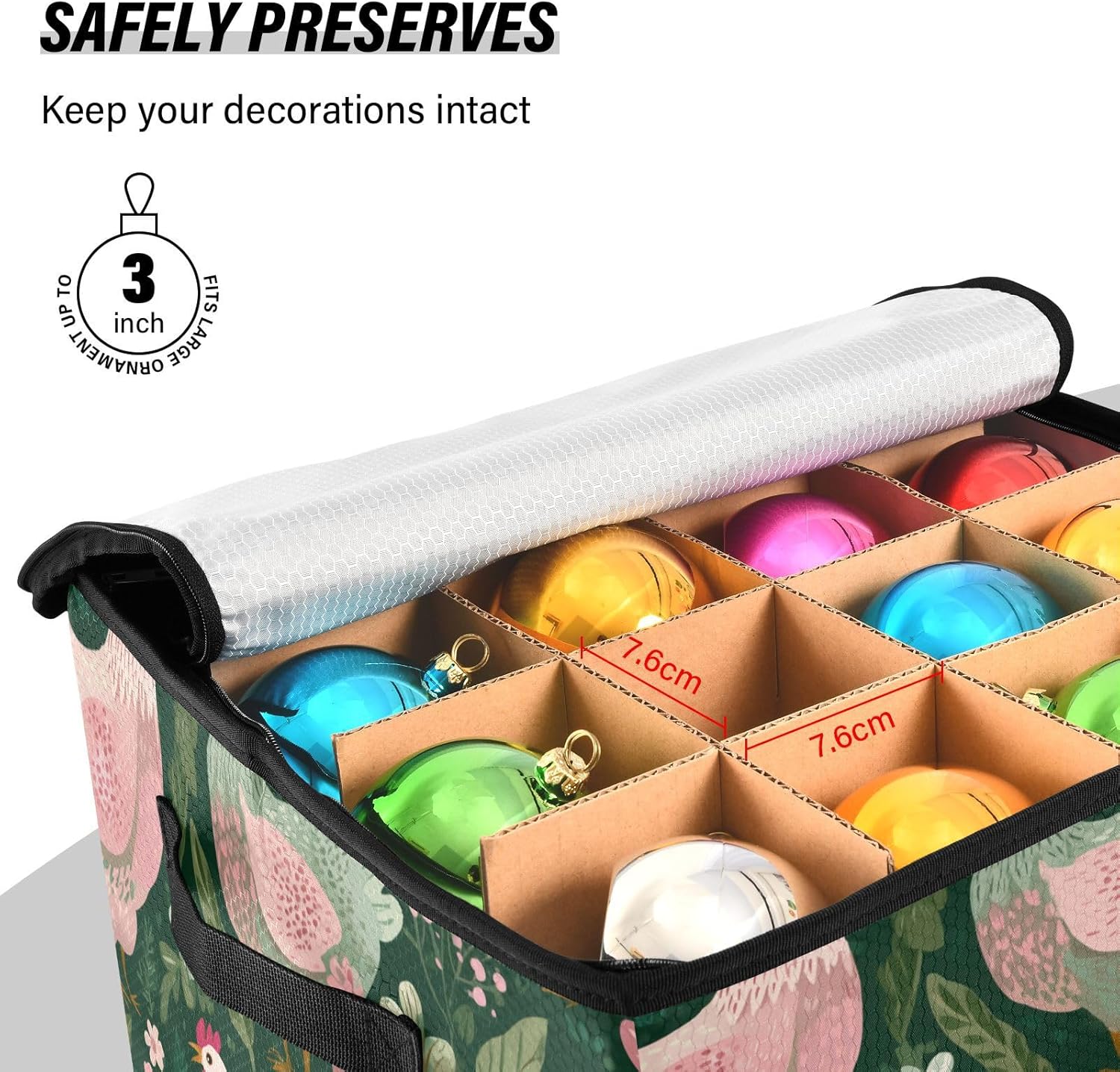 OTVEE Christmas Ornament Storage Box Holiday Decoration Organizer Stores upto 64 Holiday Ornaments Adjustable Dividers Tear-Proof Fabric Charming Hen Flower Decor