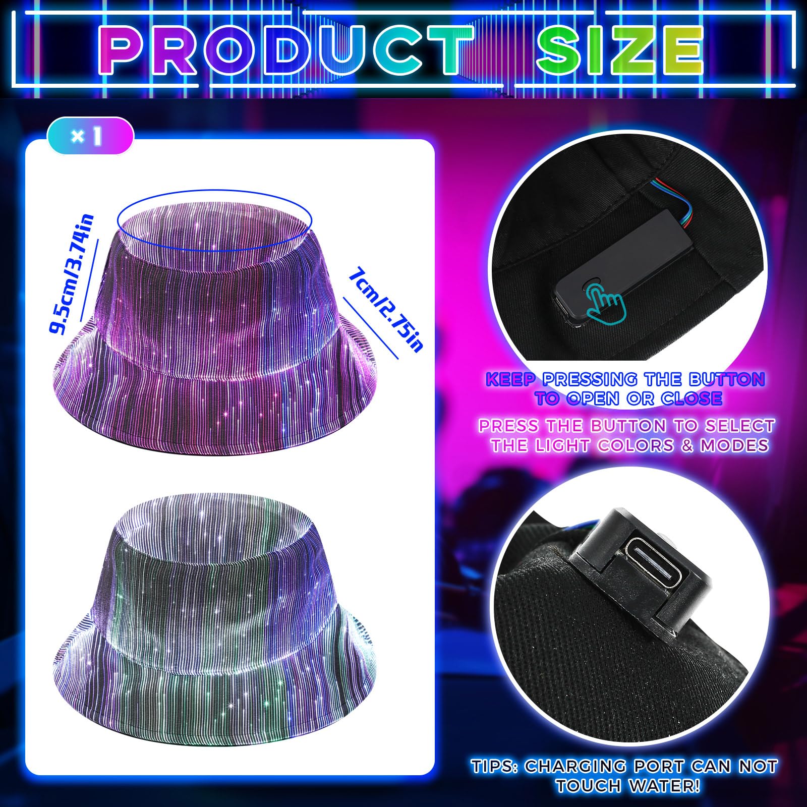 Geyoga Cappello da pescatore a LED con luce rave, 7 colori che si illuminano al buio, cappello luminoso in fibra ottica, ricarica USB, per uomini e donne