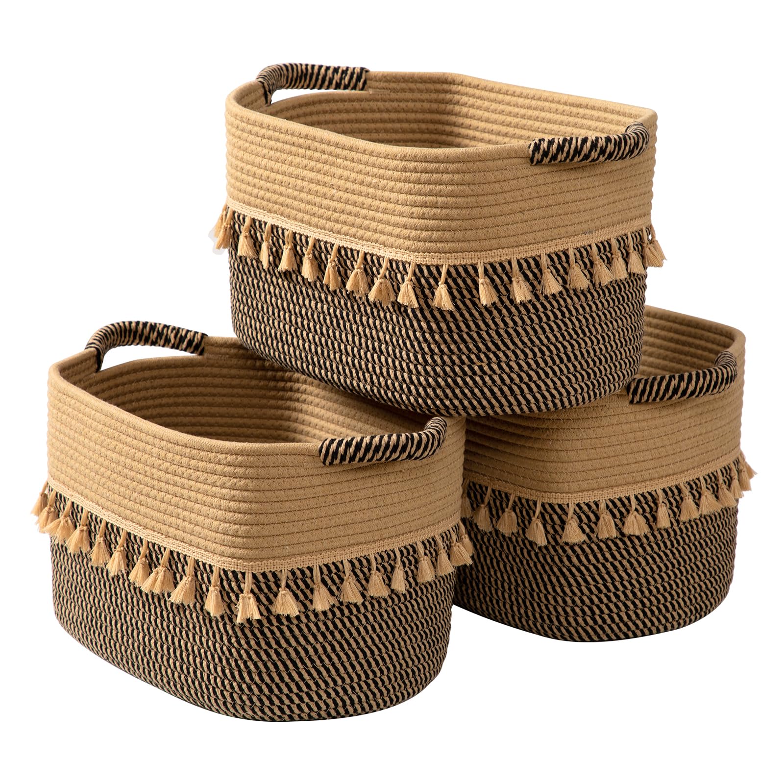 TeoKJ Lot de 3 paniers pour organisation, paniers décoratifs en corde pour le rangement, paniers de rangement pour animaux de compagnie, livres, oreillers, jouets et chiffons, noir et jute