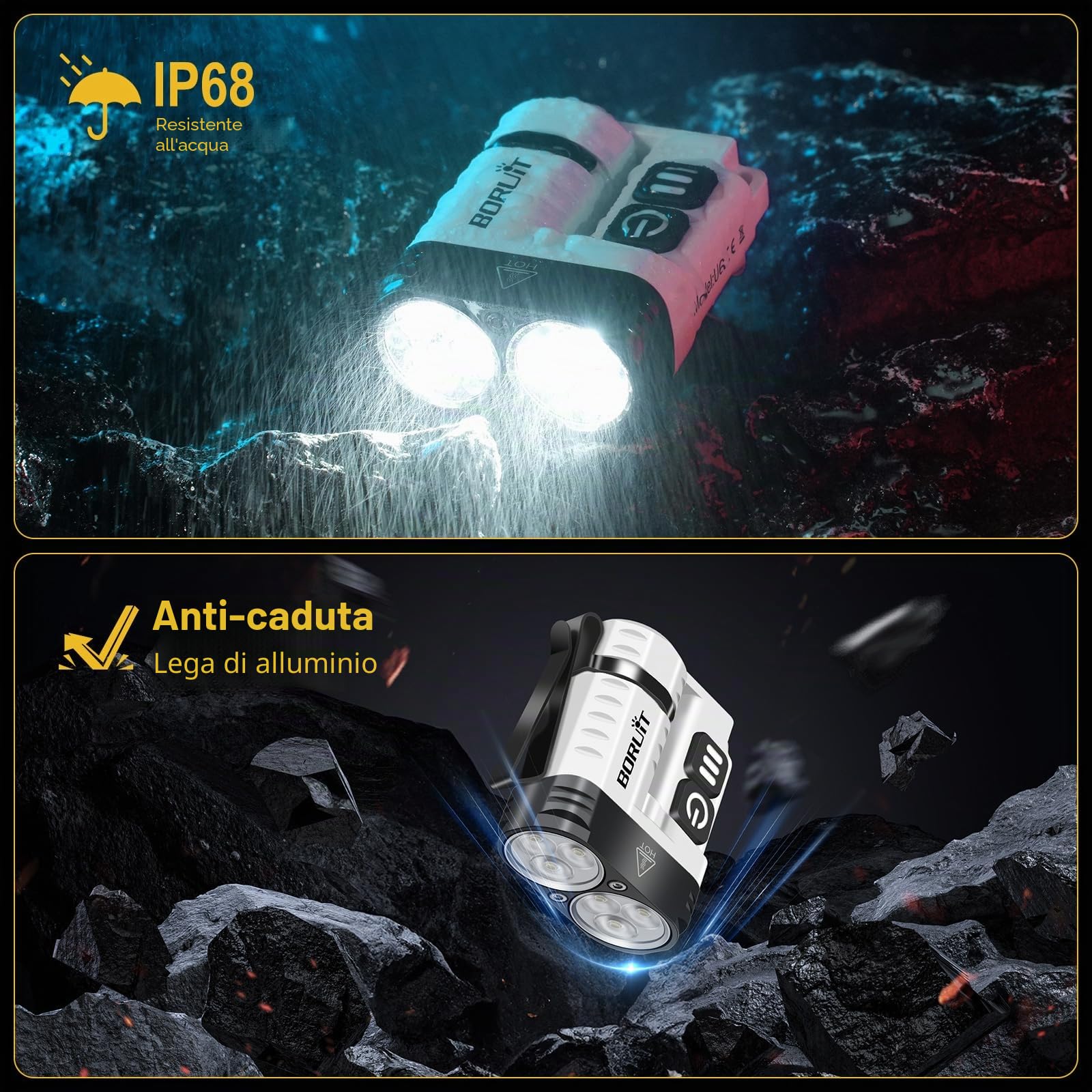 BORUIT U6 Mini Torcia, 1600 Lumen Torcia Ricaricabile, Super Luminoso 9 Modalità, con IP68 Impermeabile, Clip Rotante, Coda Magnetica, per Campeggio Lavoro Emergenza (bianco)