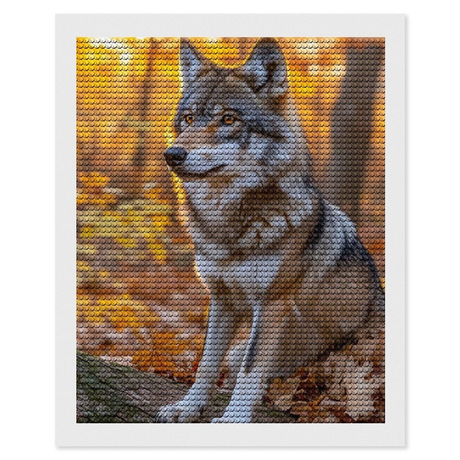 Junmoney Wolf in Autumn Forest Full Drill Diamond Painting Kit 16"x20", for Teens, Adhesive Canvas, Bedroom Decor, Holiday Gift Idea