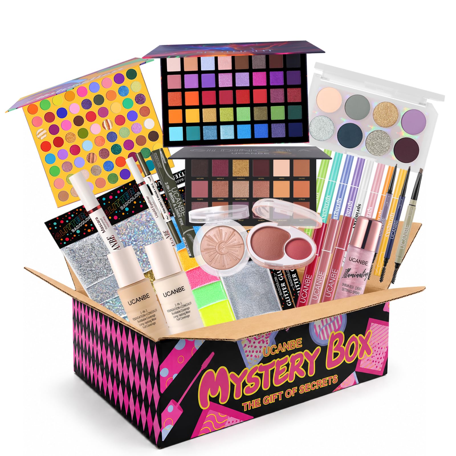 UCANBE Makeup Set Box, Assorted Makeup & Cosmetics Gift Box Worth $140, Beauty Set with Eyeshadow Palettes, Face Makeup, Glitter, Lip Products, Eye Makeup for Women