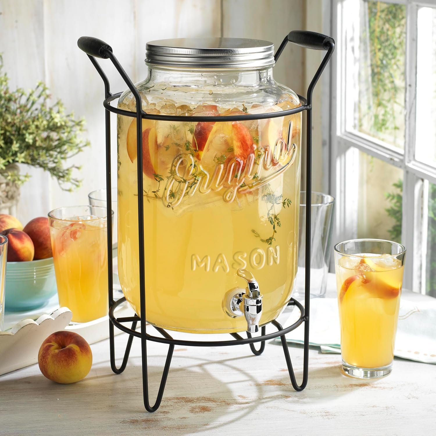 2 Gallon Glass Drink Dispensers For Parties,Original Mason Beverage Dispensers With Stand And 100% Leakproof Spigot.Glass Water Jug Dispenser,Lemonade Dispenser,