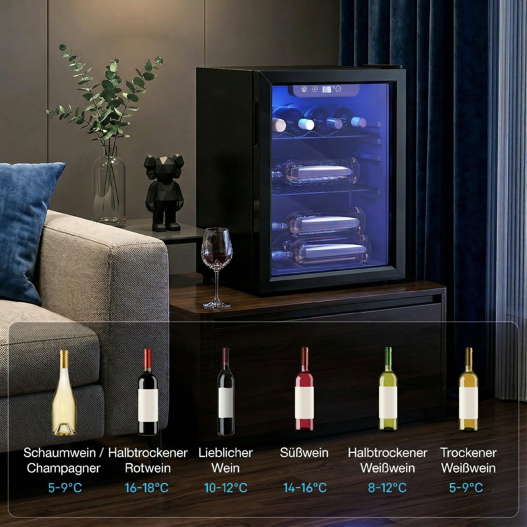 HOMCOM Nevera para vino (16 botellas, 48 L), color negro | Frigorífico para bebidas, 4-16 °C, puerta de doble cristal, iluminación LED, pantalla LED, Wine Fridge
